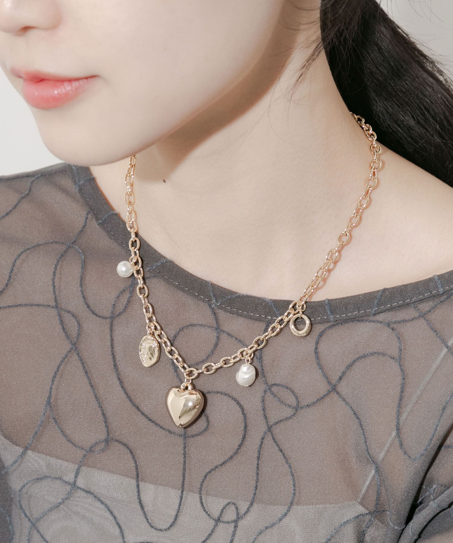 プックリハートチャームネックレス GD/WH -