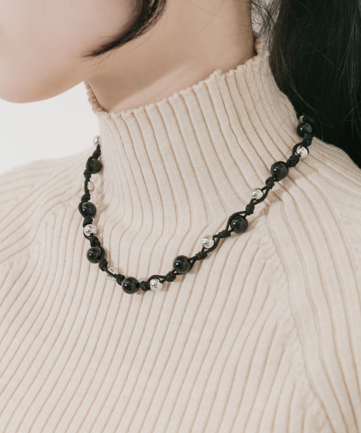ビーズブレイドロープネックレス BK/SV -