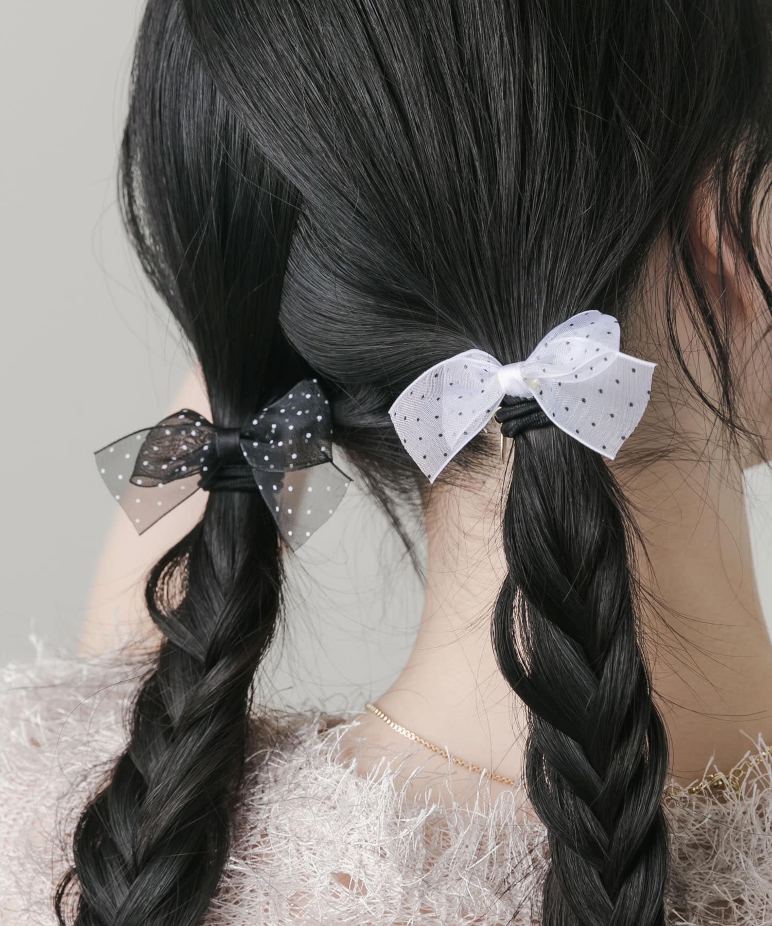 ドットシアーリボン2セットヘアポニー WH/BK -