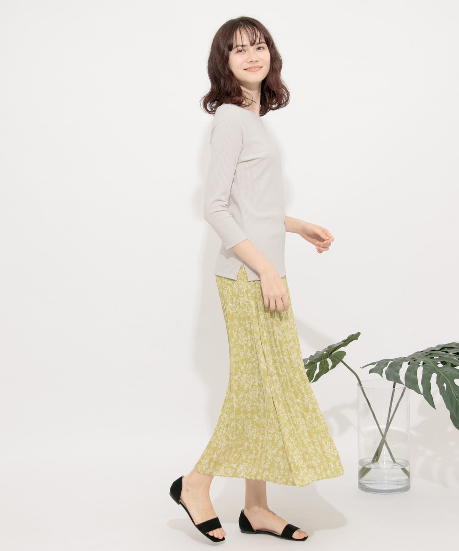 アシメネックリブトップ(7分袖) GREIGE FREE