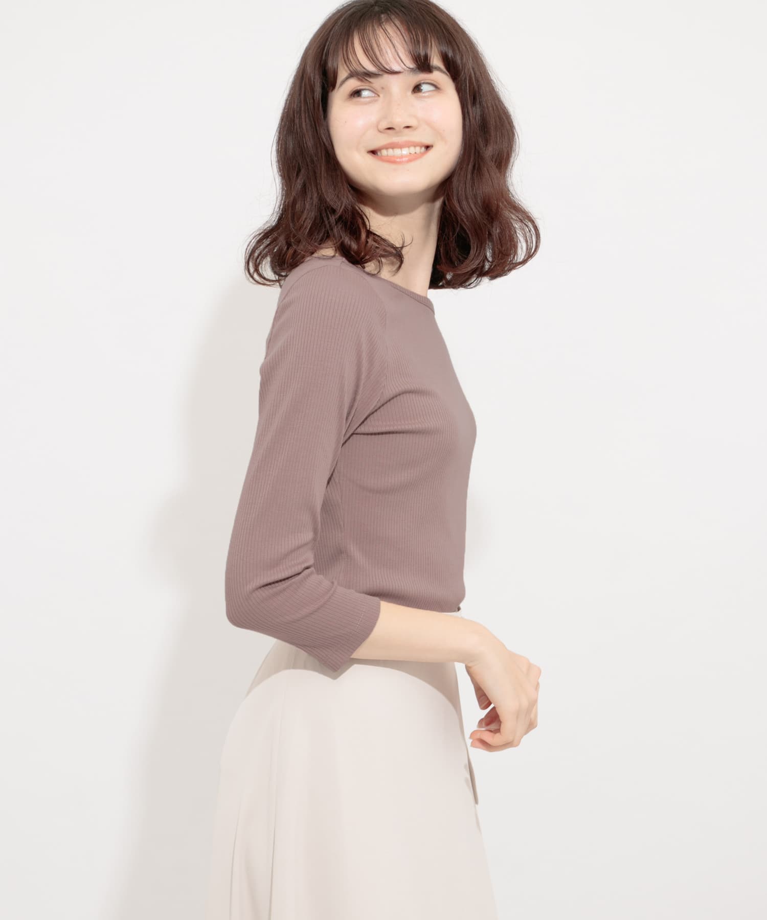 アシメネックリブトップ(7分袖) DUSTY PINK FREE