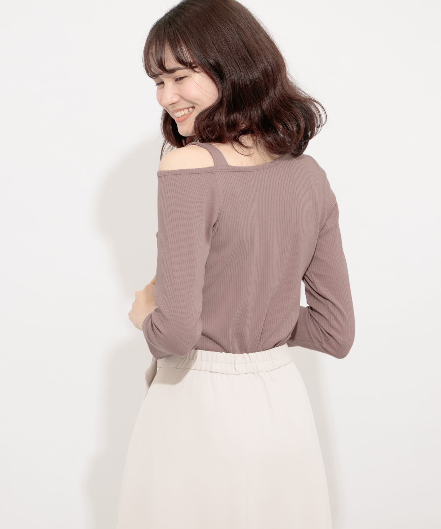 アシメネックリブトップ(7分袖) DUSTY PINK FREE