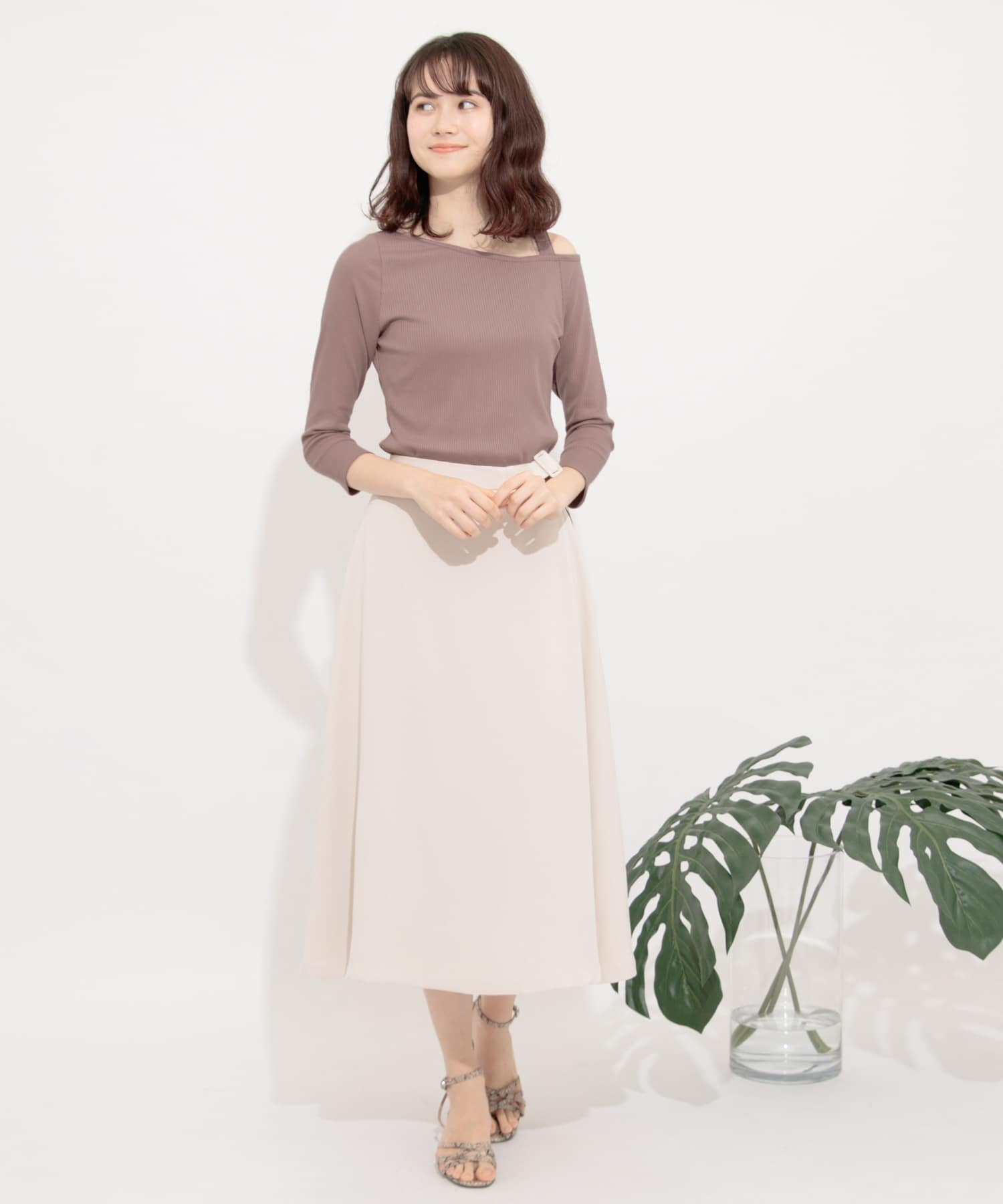 アシメネックリブトップ(7分袖) DUSTY PINK FREE