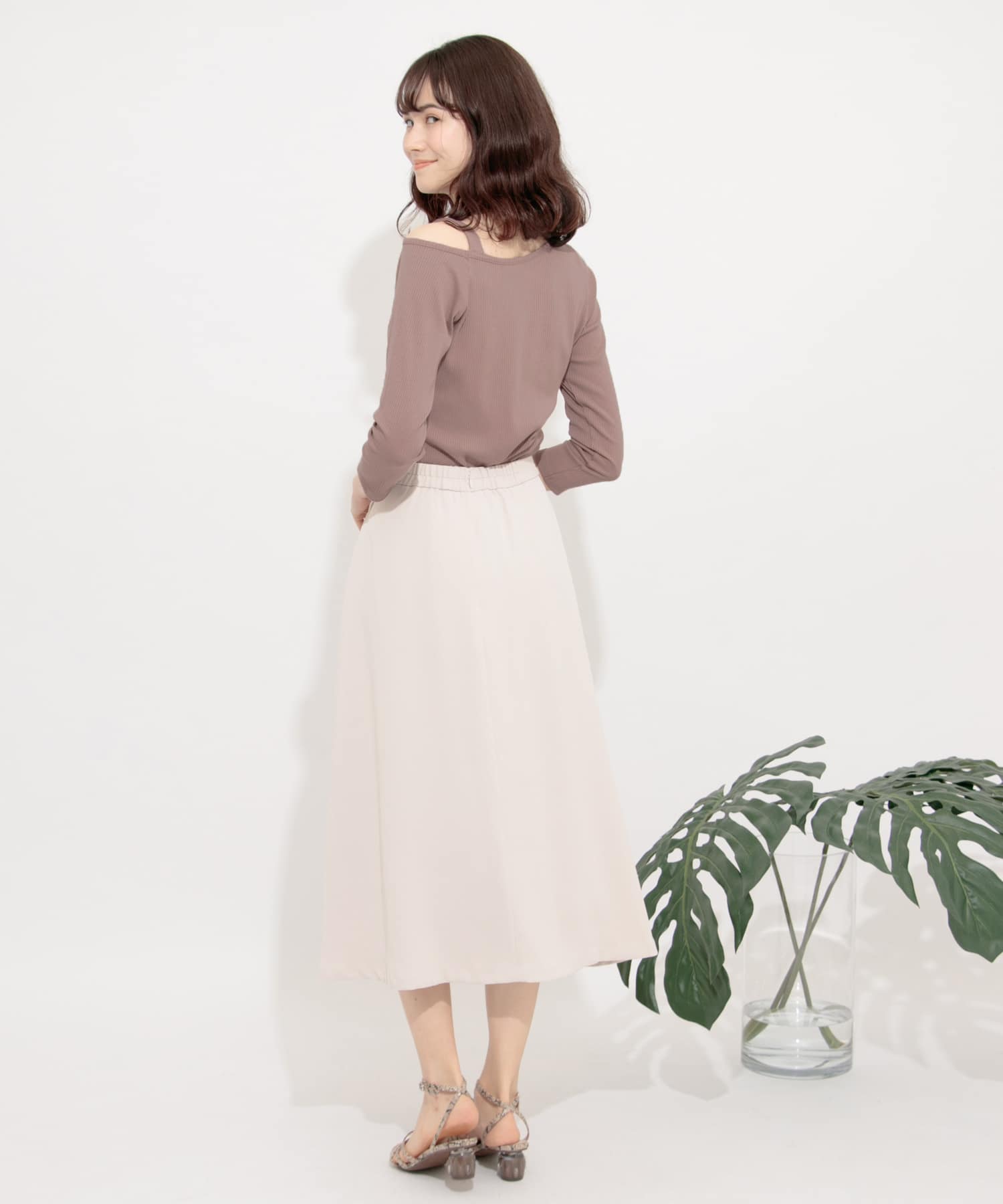 アシメネックリブトップ(7分袖) DUSTY PINK FREE