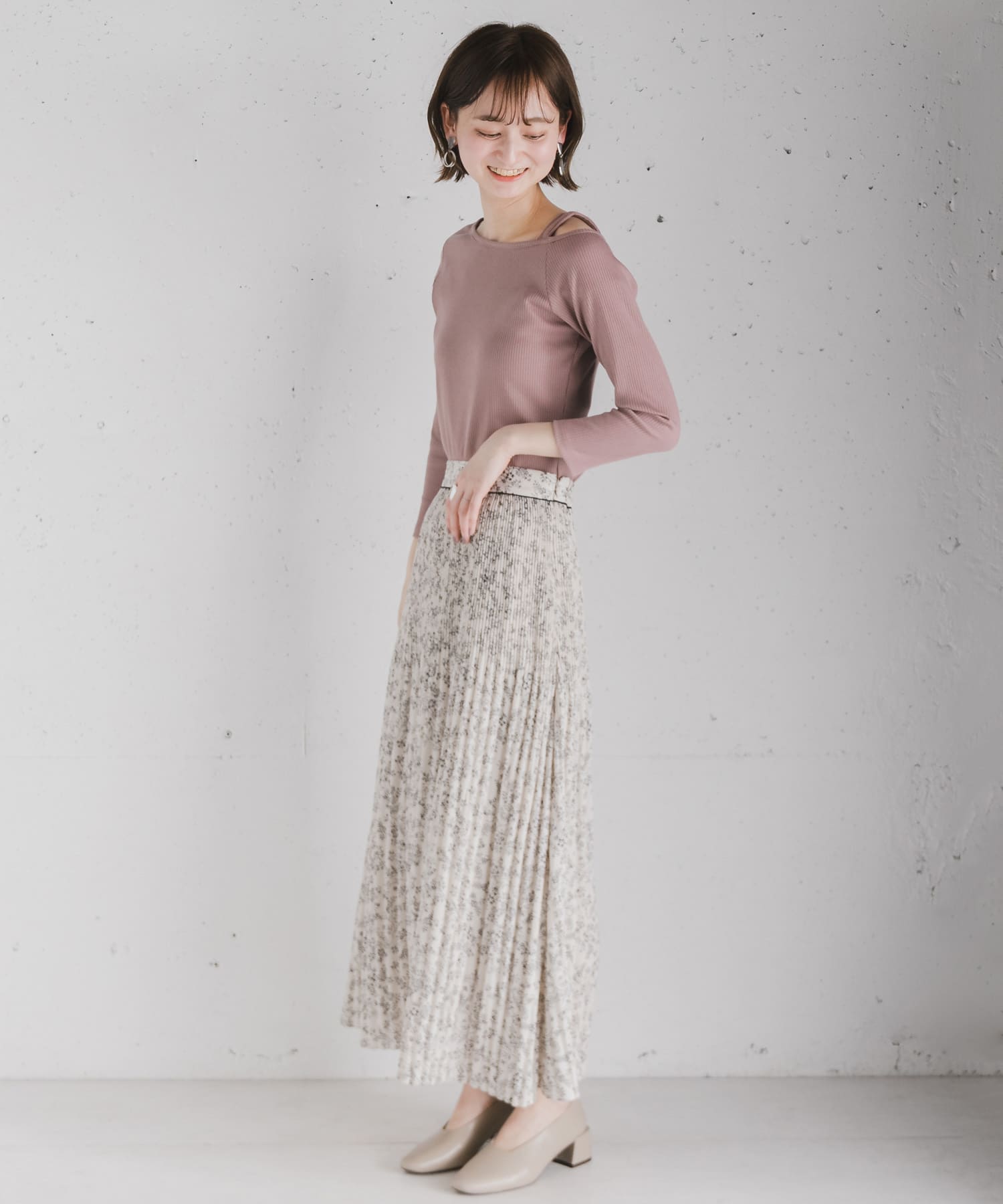 アシメネックリブトップ(7分袖) DUSTY PINK FREE