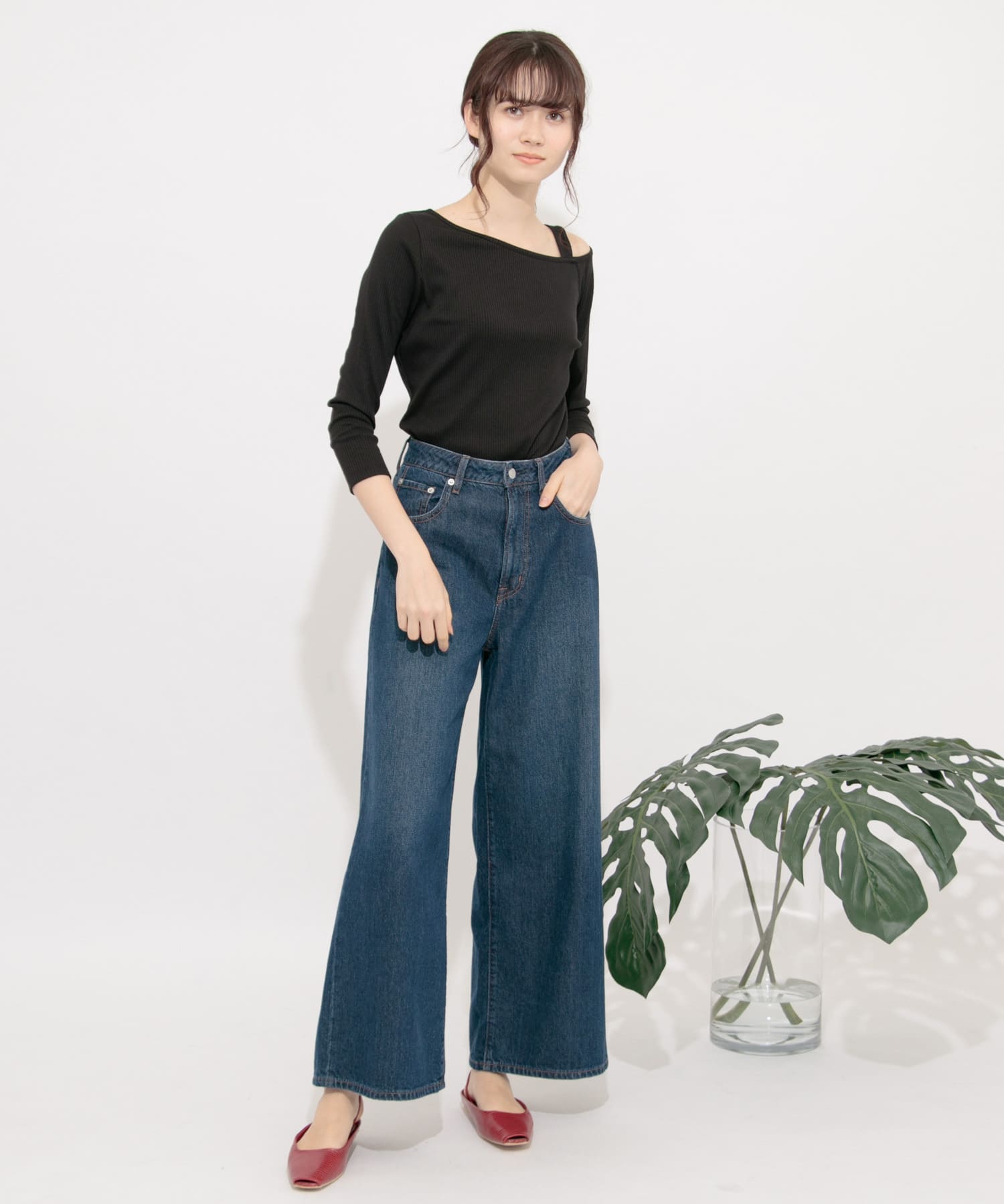 アシメネックリブトップ(7分袖) BLACK FREE