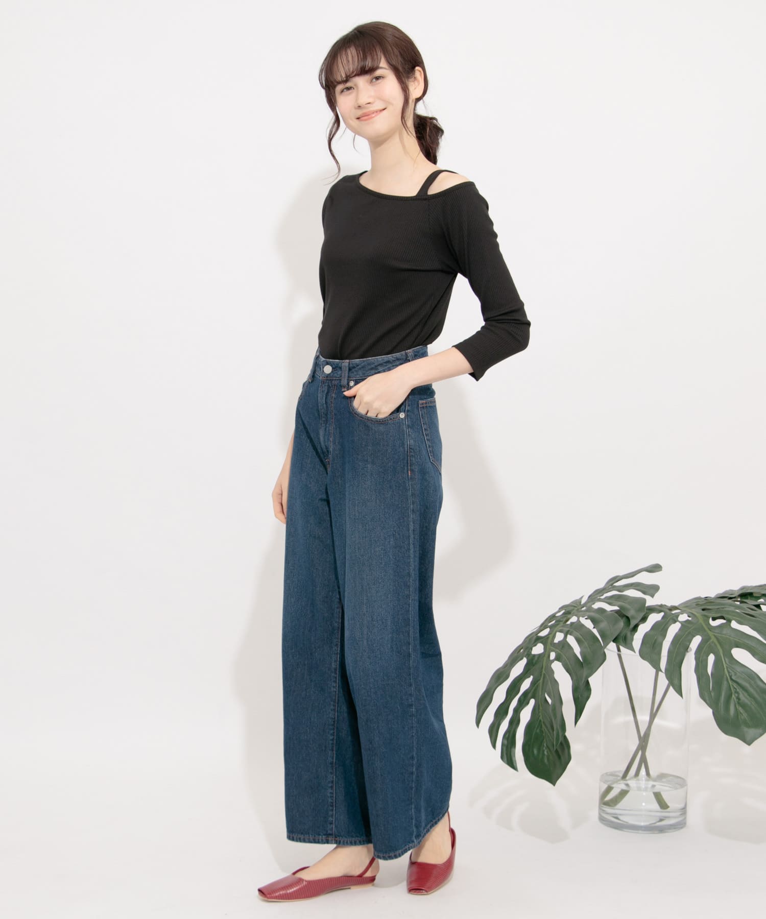 アシメネックリブトップ(7分袖) BLACK FREE