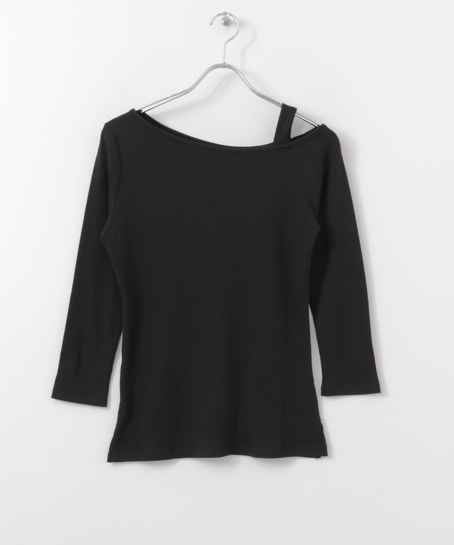 アシメネックリブトップ(7分袖) BLACK FREE