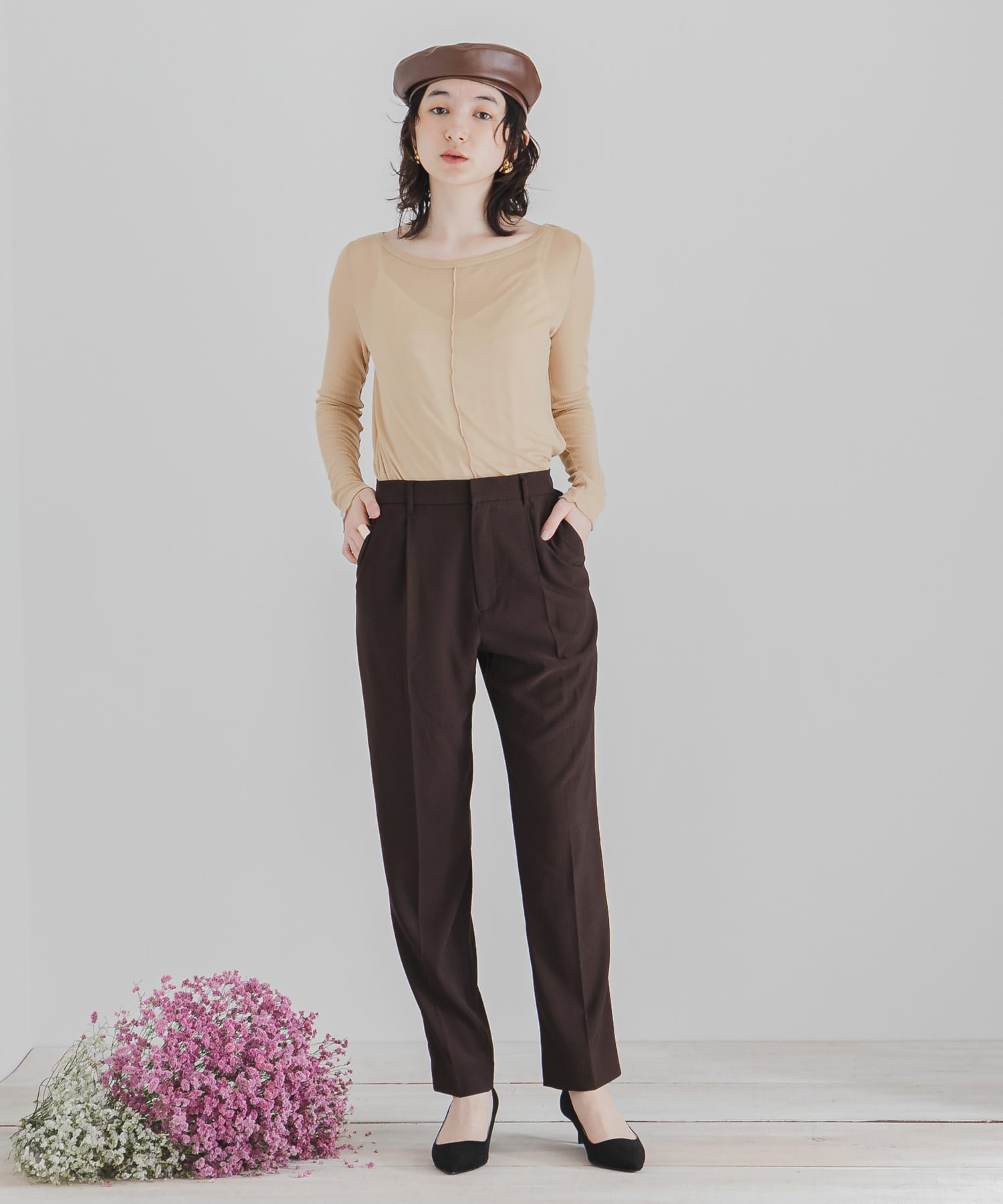 ボートネックシアーカットトップ BEIGE FREE