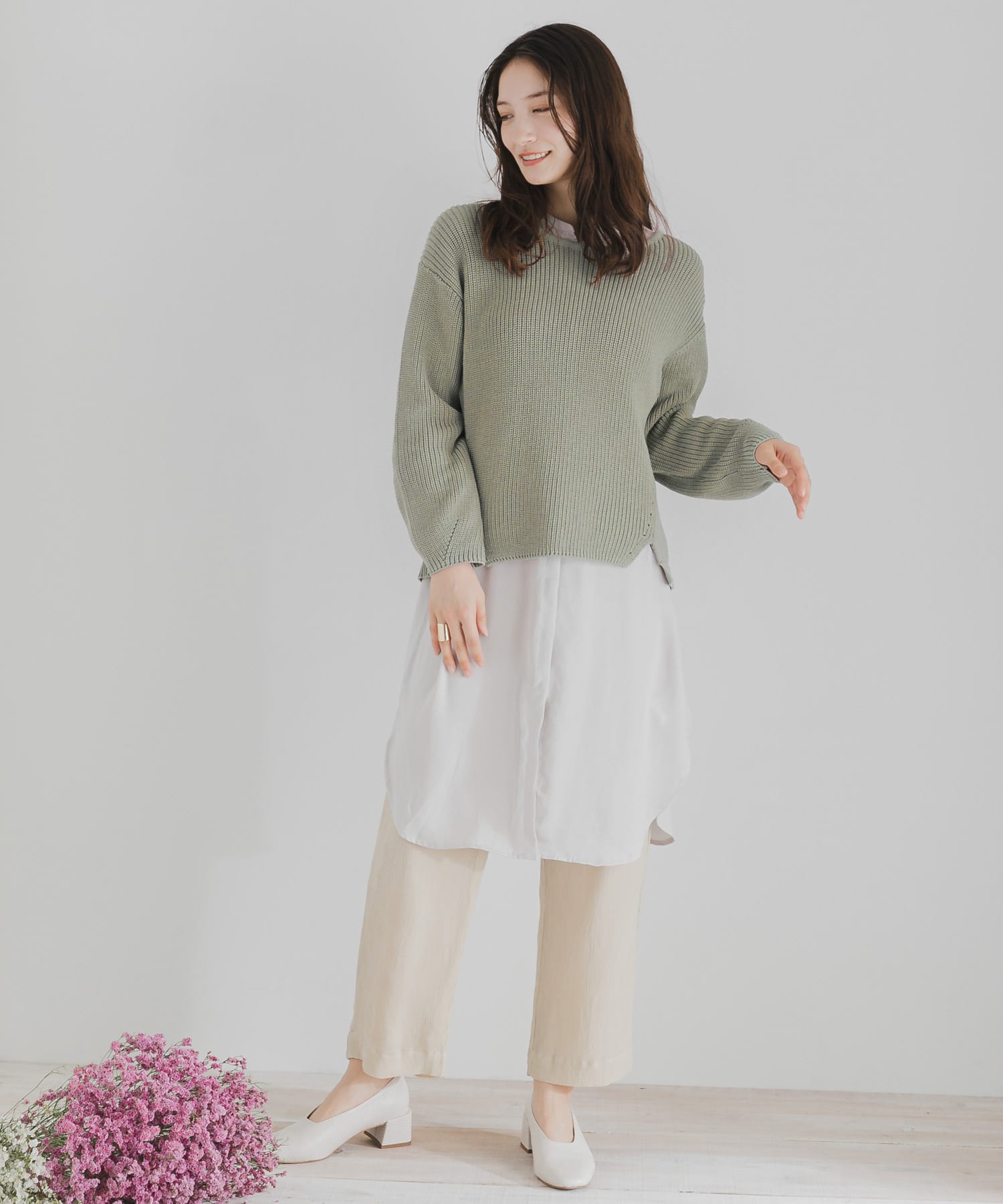 バックオープンルーズセーター L.KHAKI FREE