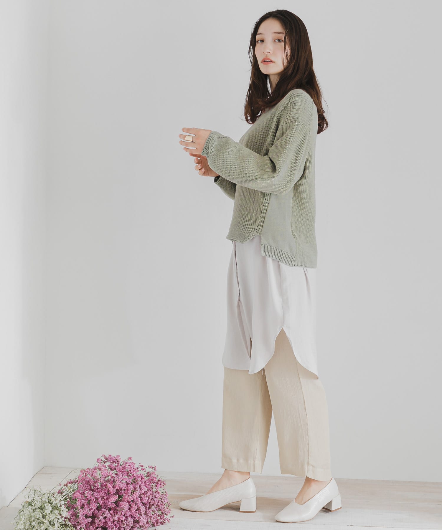 バックオープンルーズセーター L.KHAKI FREE