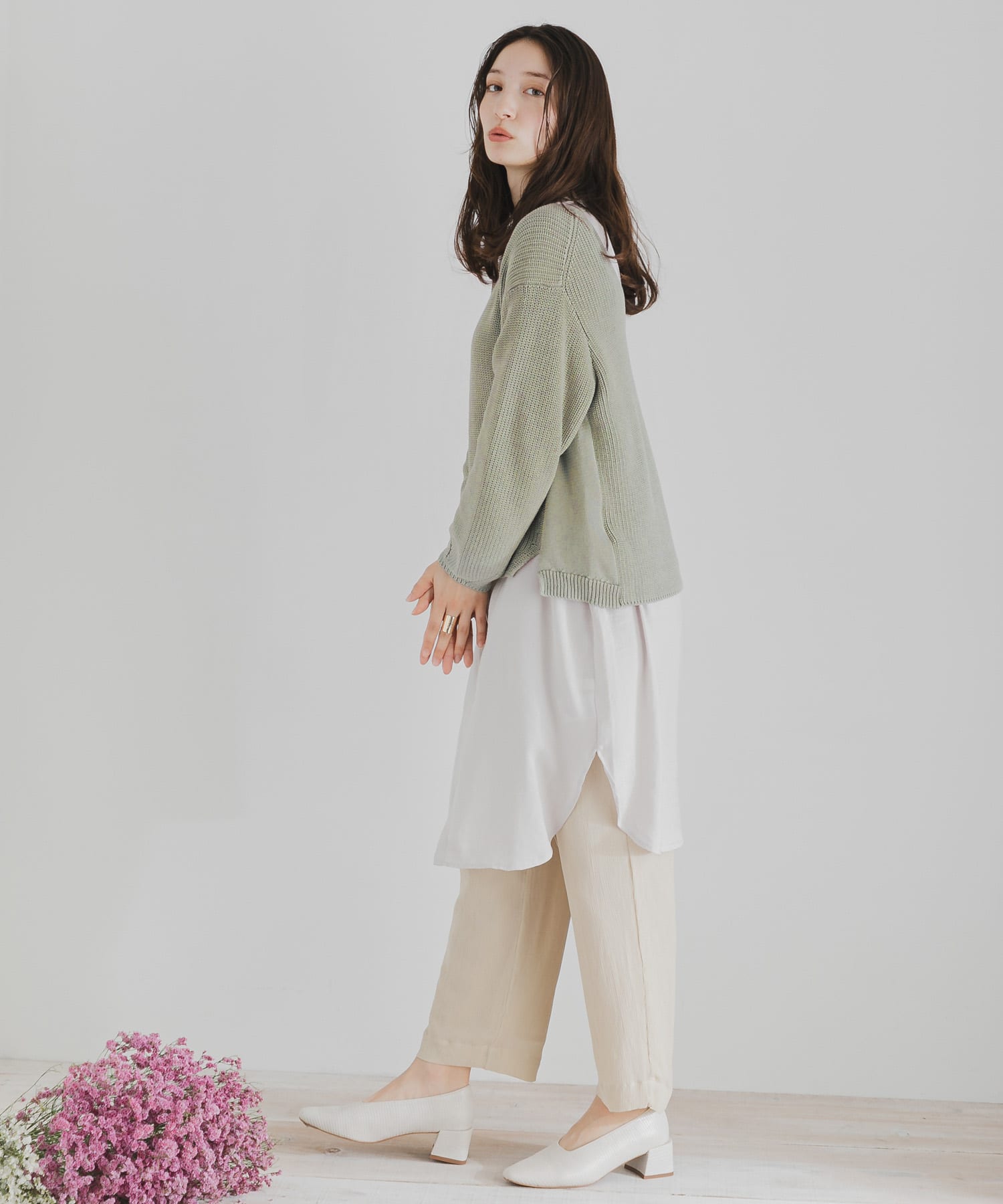 バックオープンルーズセーター L.KHAKI FREE