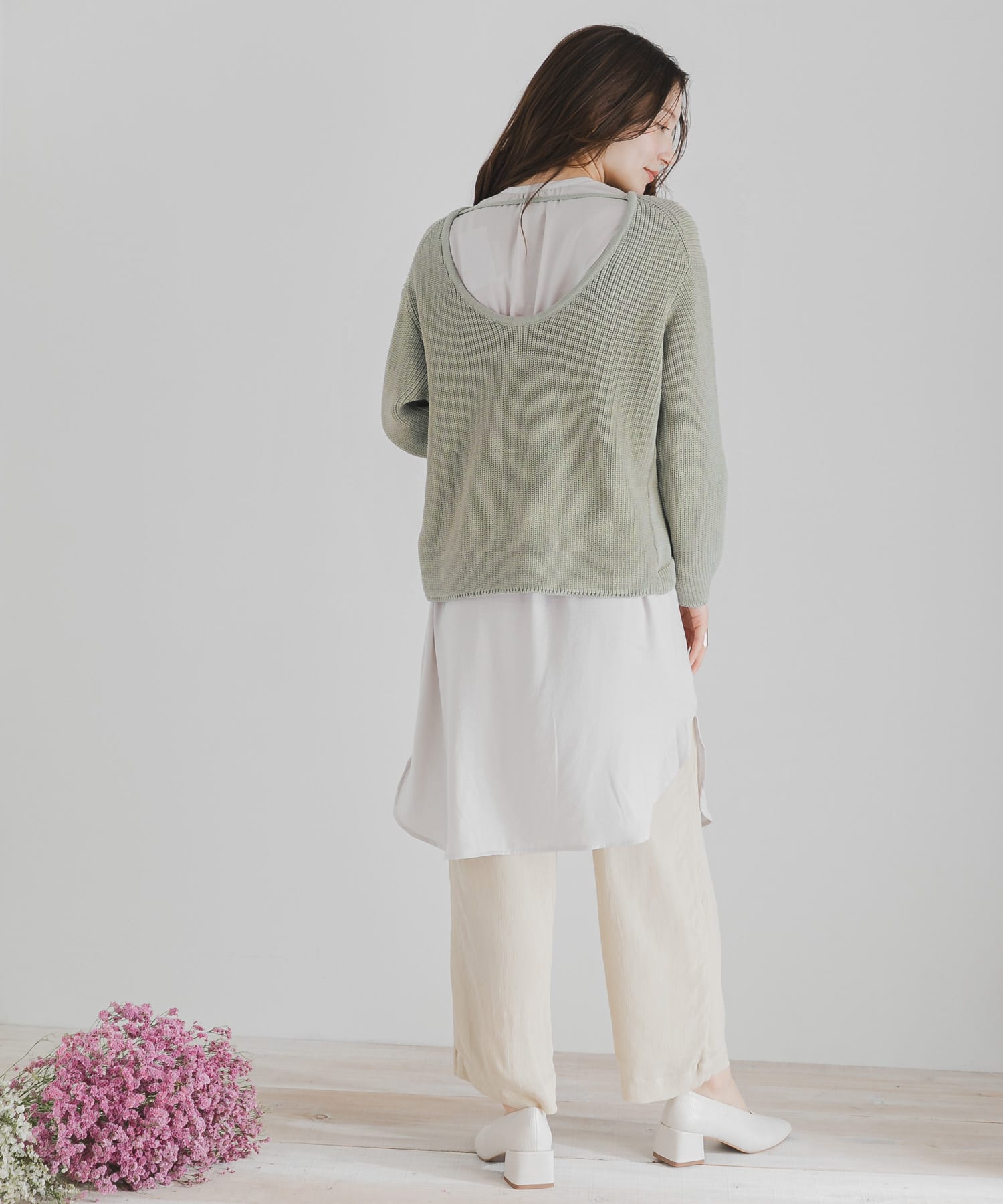 バックオープンルーズセーター L.KHAKI FREE