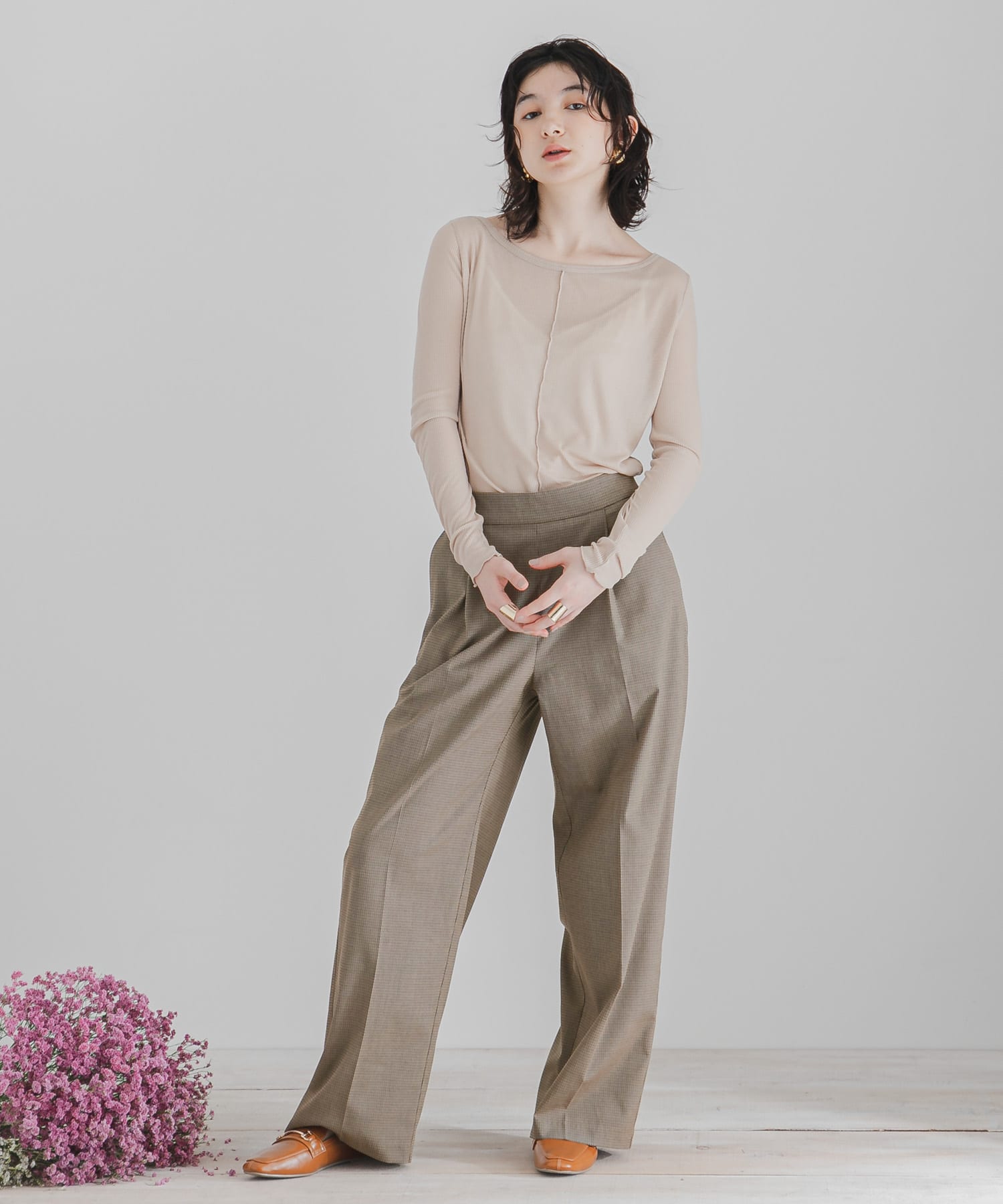 CARREMANワイドパンツ BEG×BRN XS