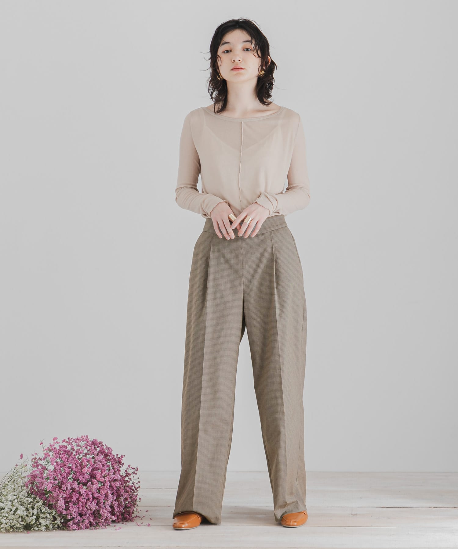 CARREMANワイドパンツ BEG×BRN XS