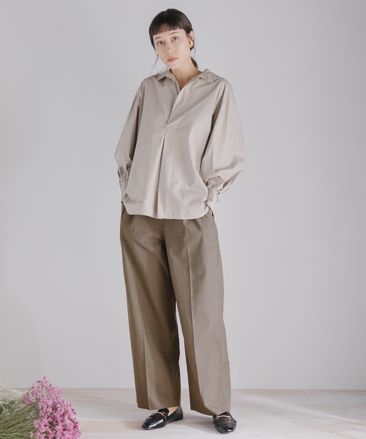 CARREMANワイドパンツ BEG×BRN S