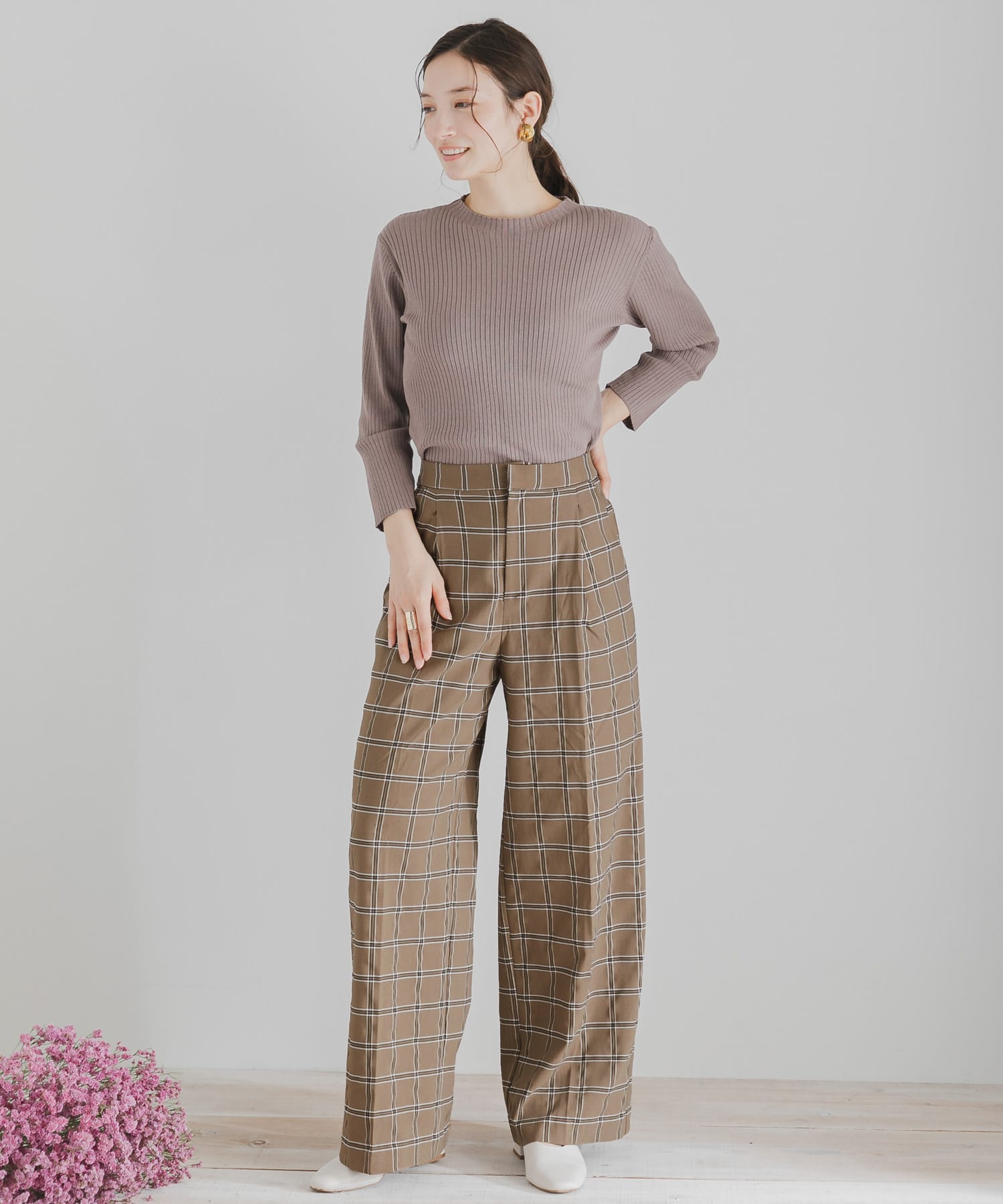 チェックワイドパンツ MOCHA S