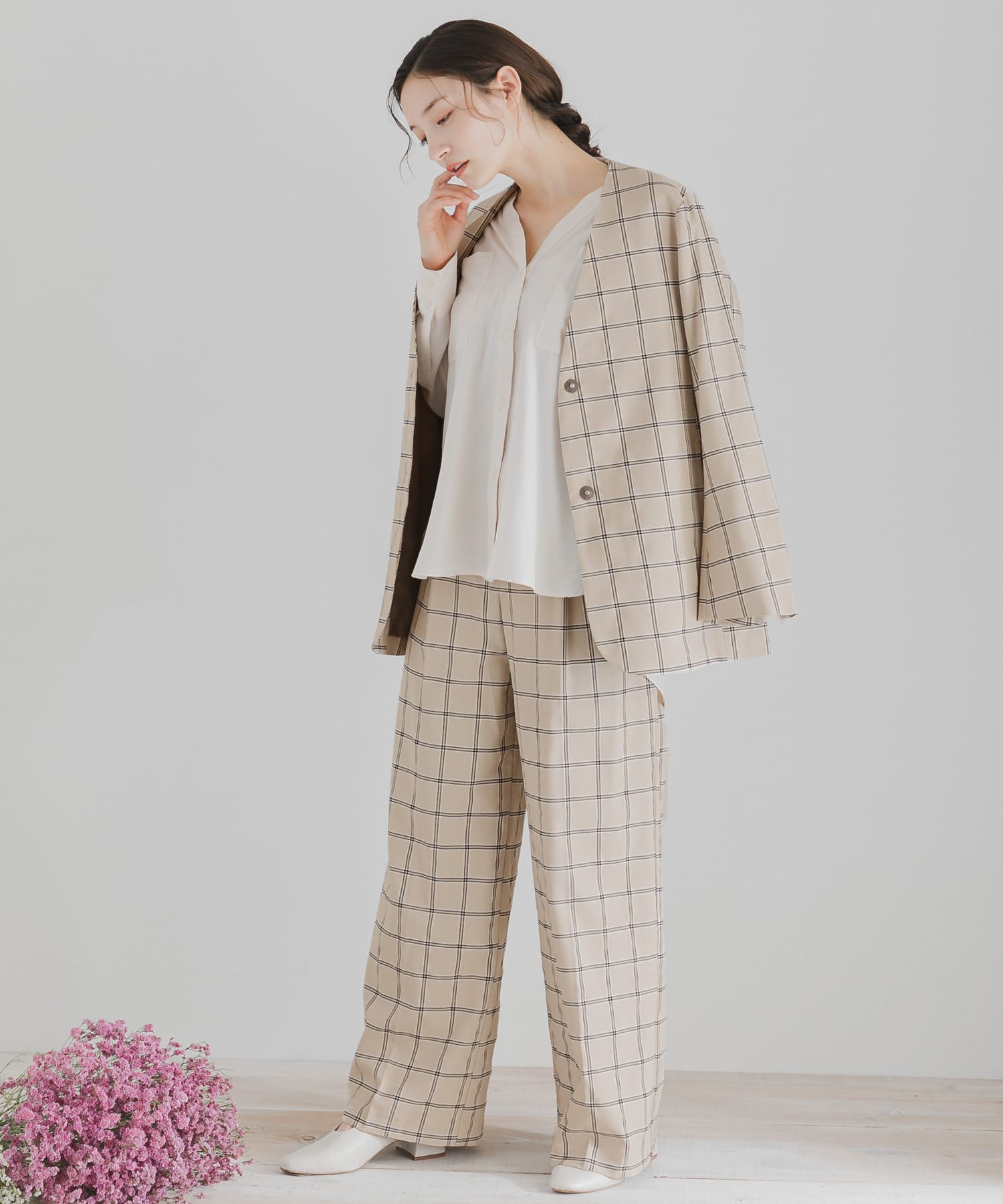 チェックワイドパンツ GREIGE S