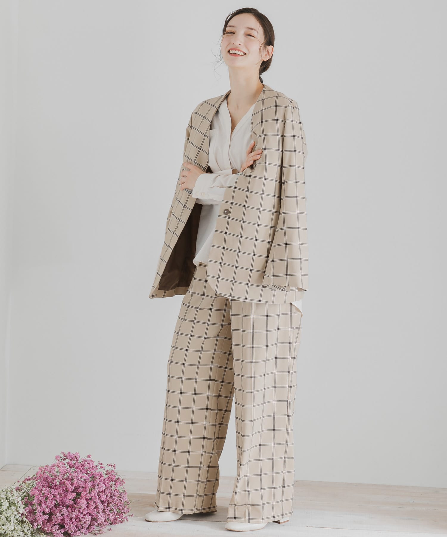 チェックワイドパンツ GREIGE S