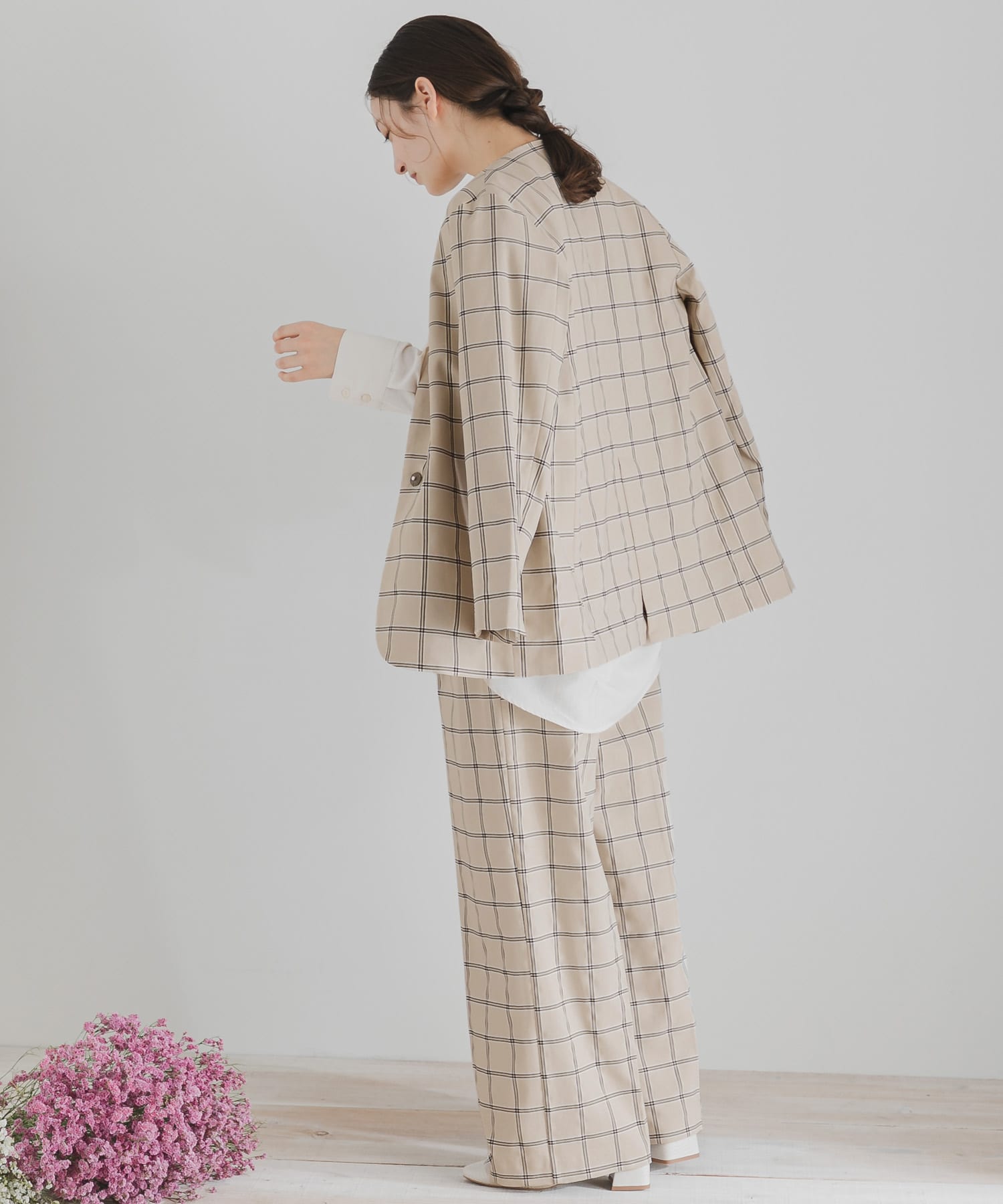 チェックワイドパンツ GREIGE S