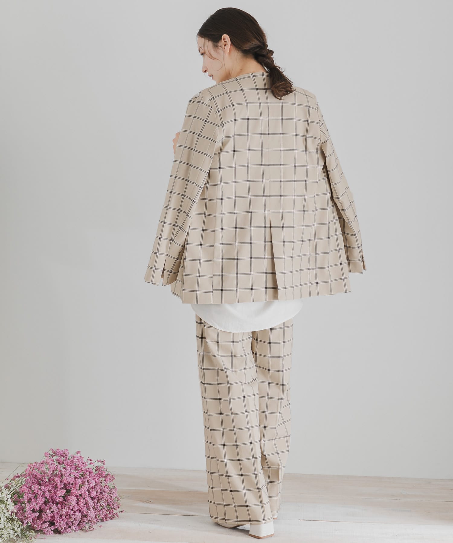 チェックワイドパンツ GREIGE S