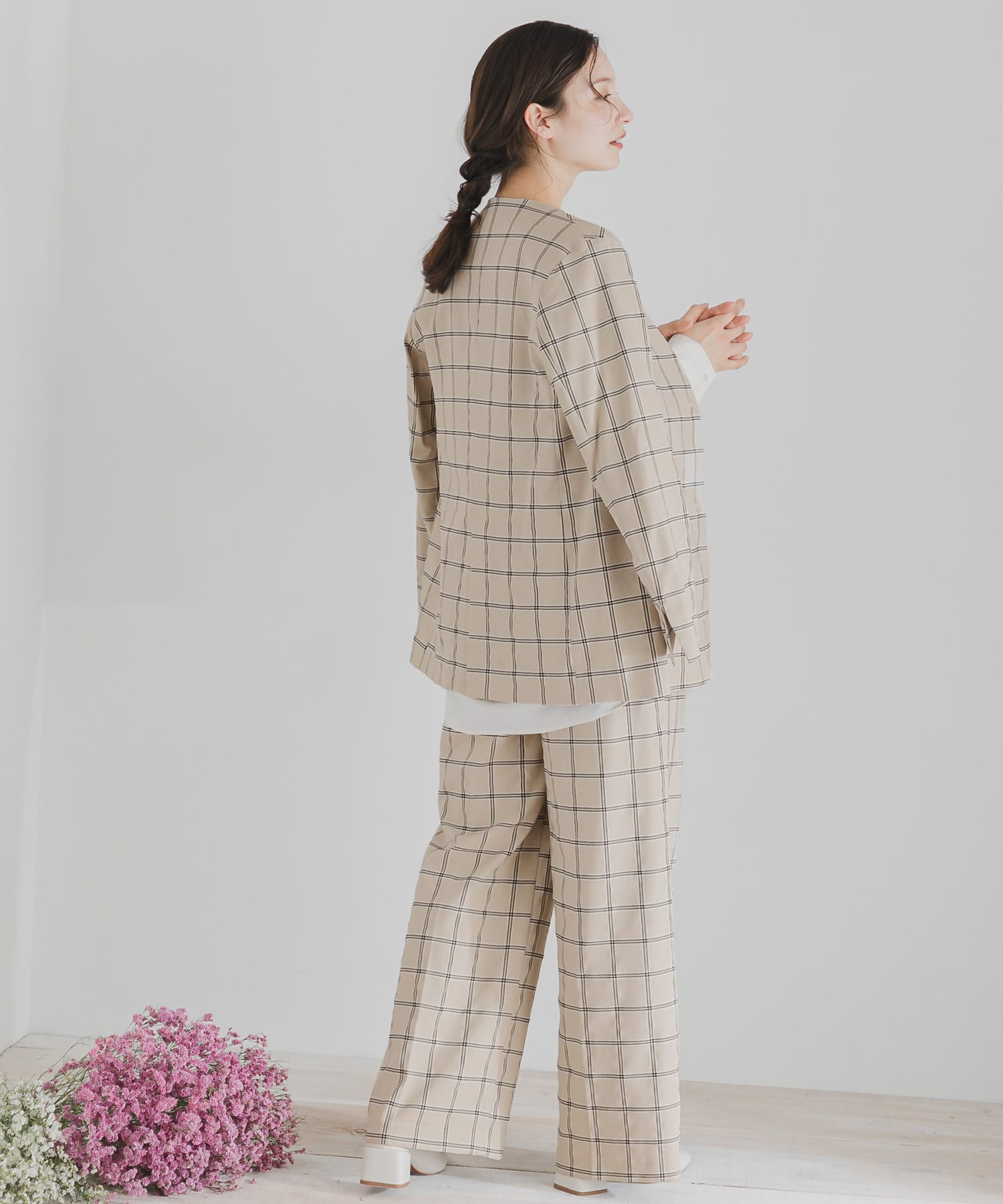 チェックワイドパンツ GREIGE S