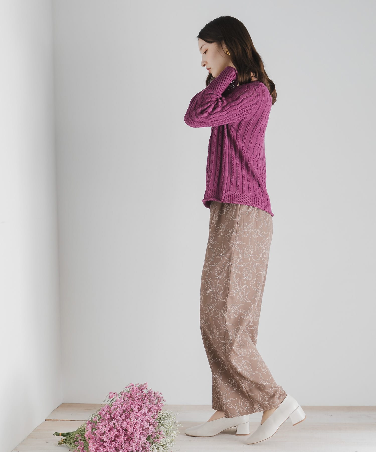 フラワーナローワイドパンツ BROWN S