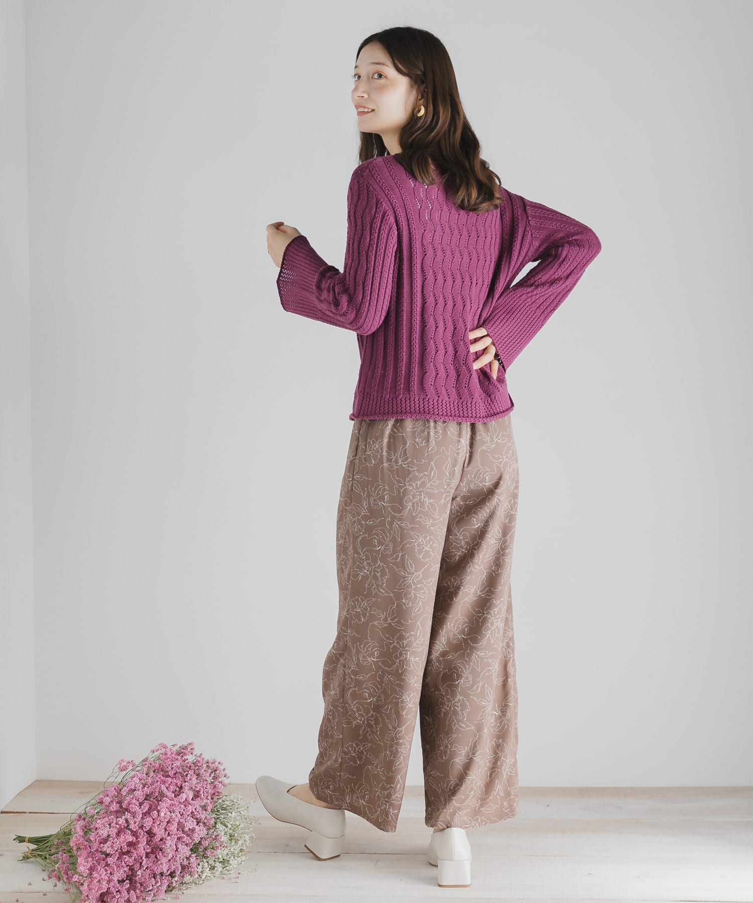 フラワーナローワイドパンツ BROWN S