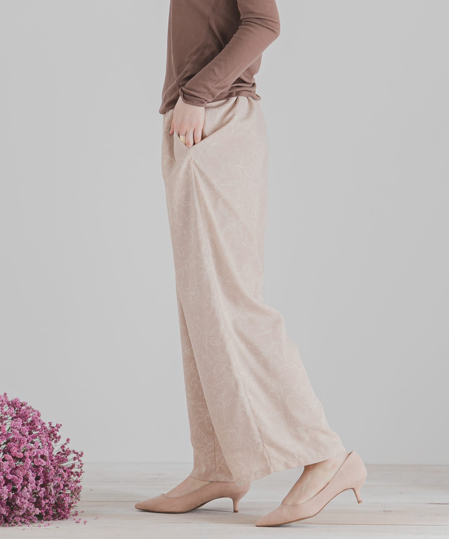 フラワーナローワイドパンツ BEIGE S