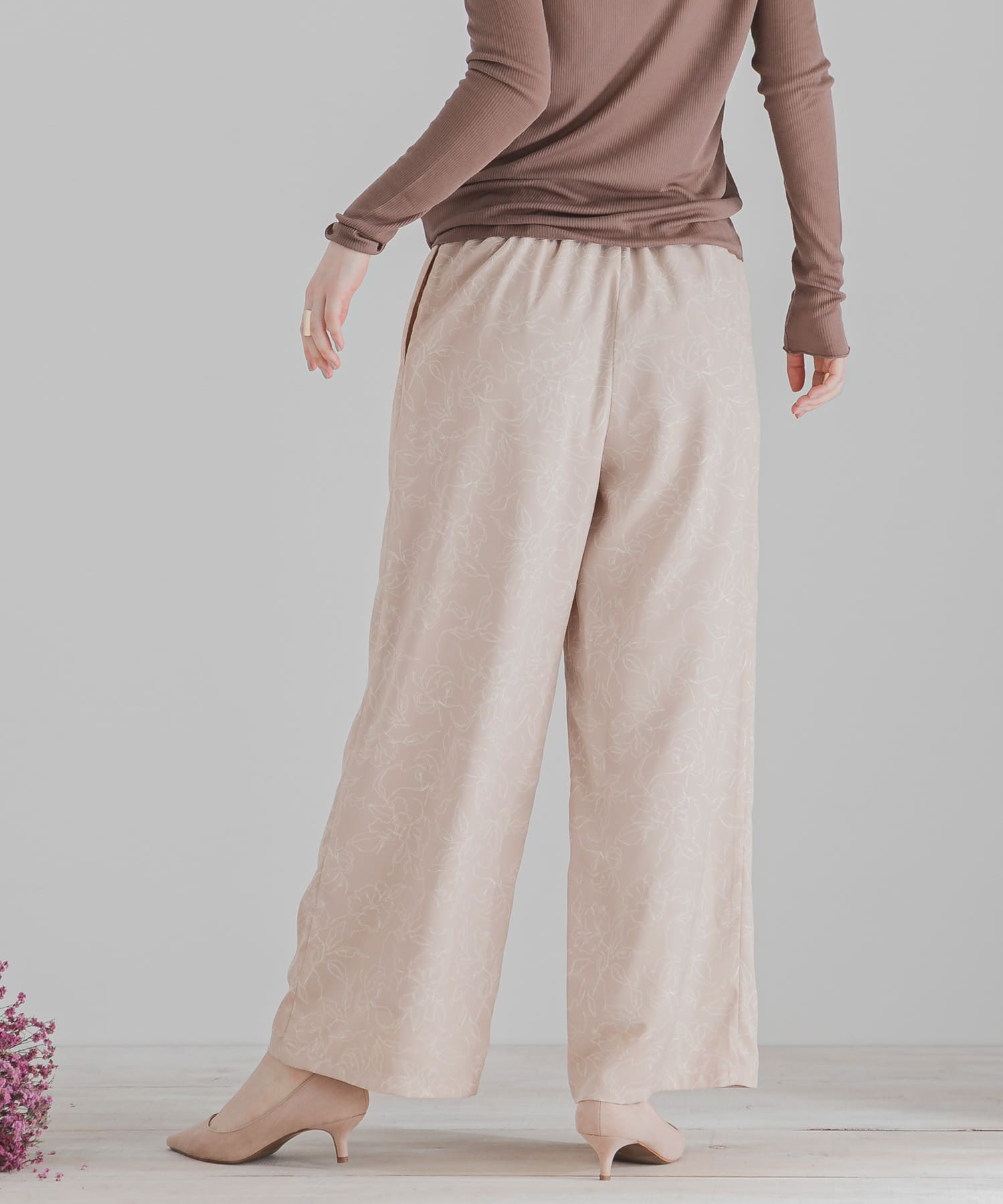 フラワーナローワイドパンツ BEIGE S