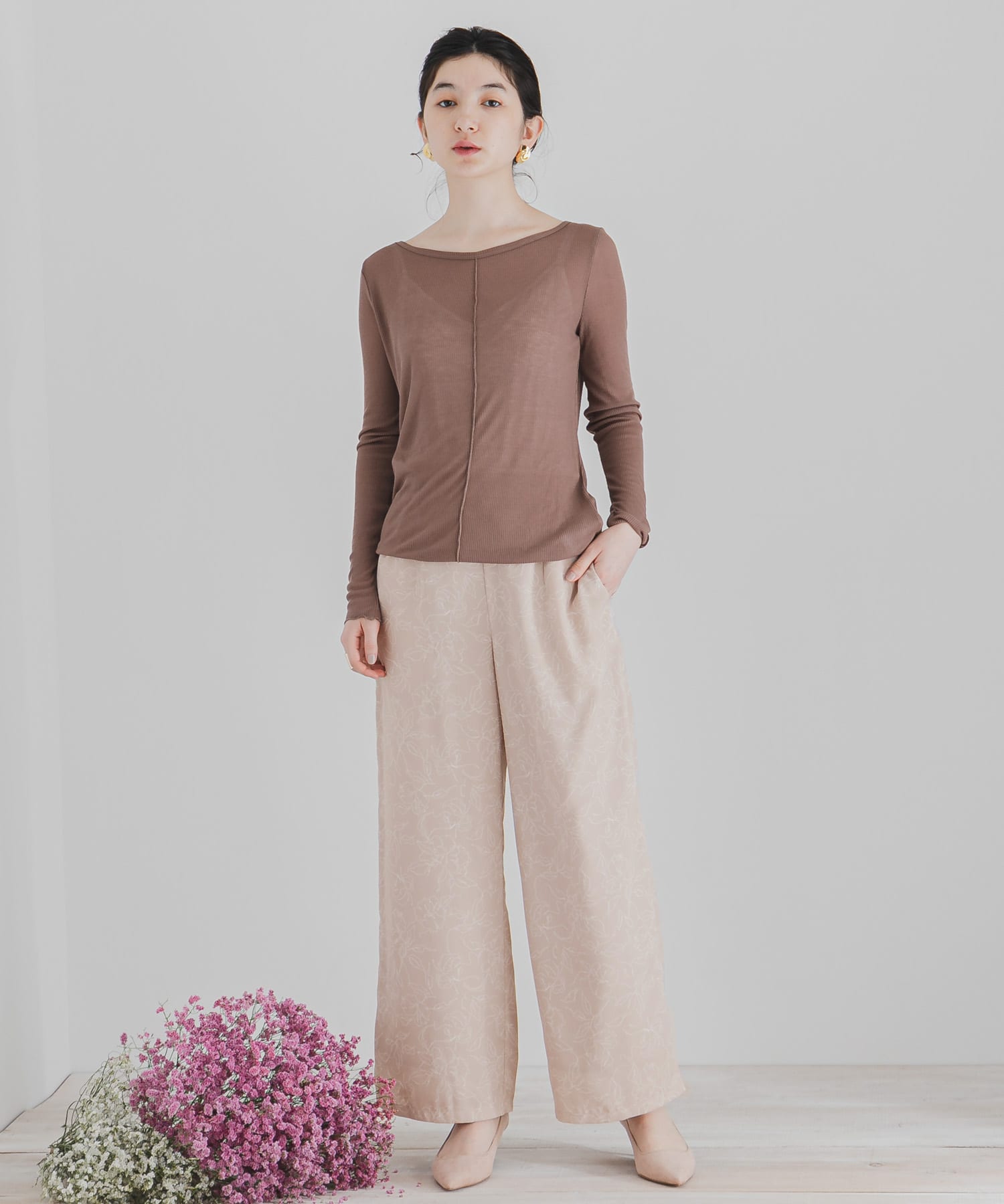 フラワーナローワイドパンツ BEIGE S