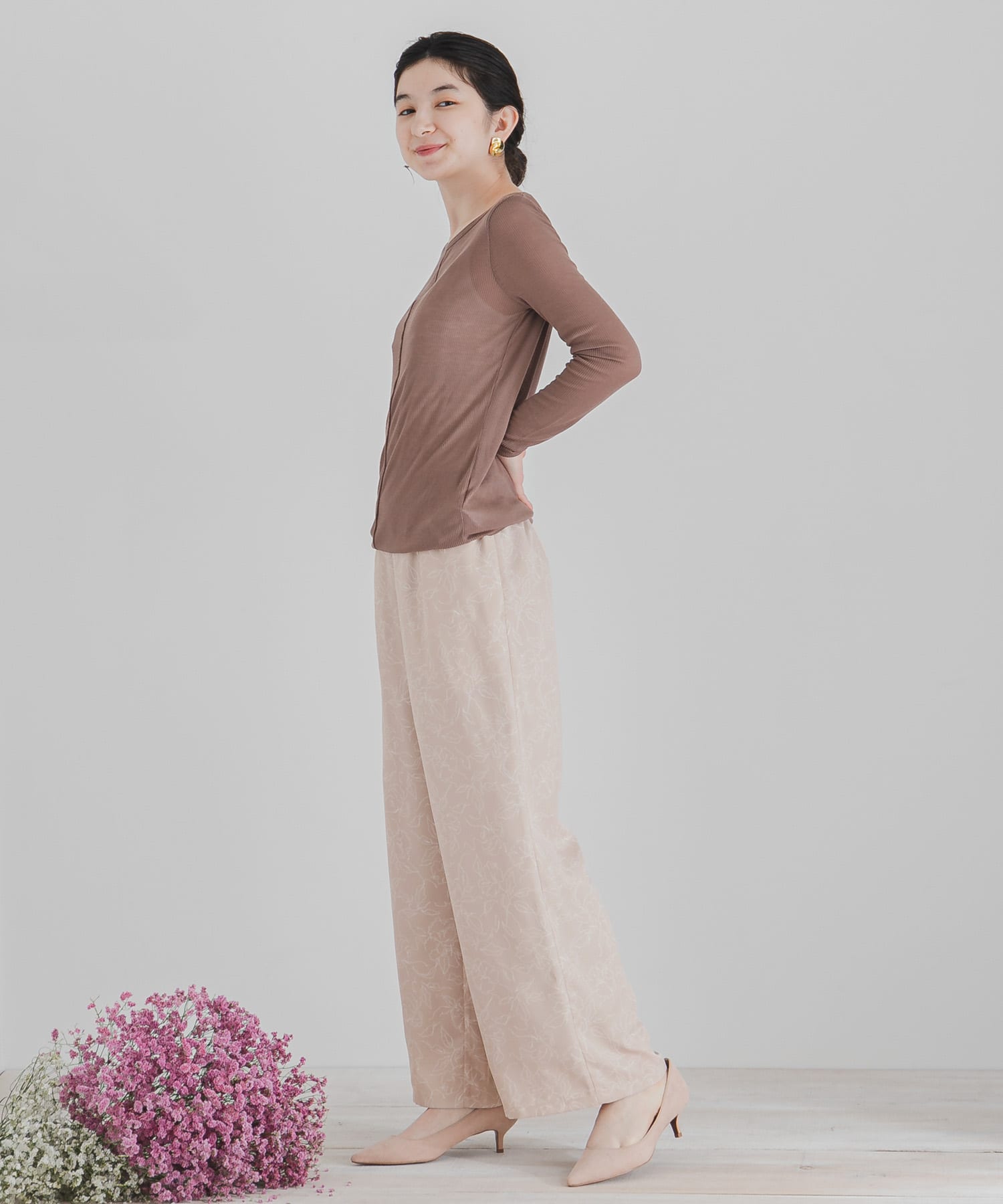 フラワーナローワイドパンツ BEIGE S