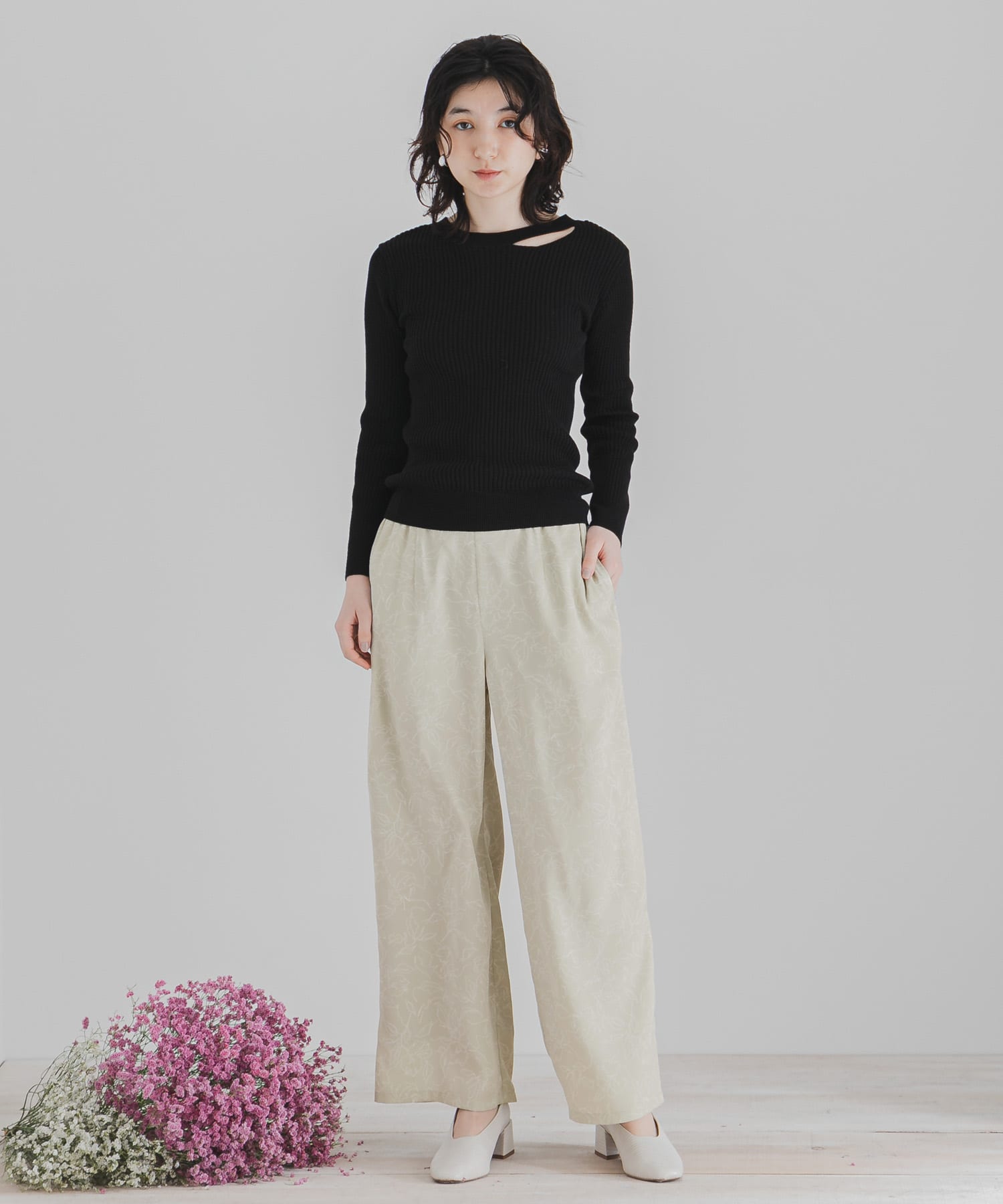 フラワーナローワイドパンツ GREEN S