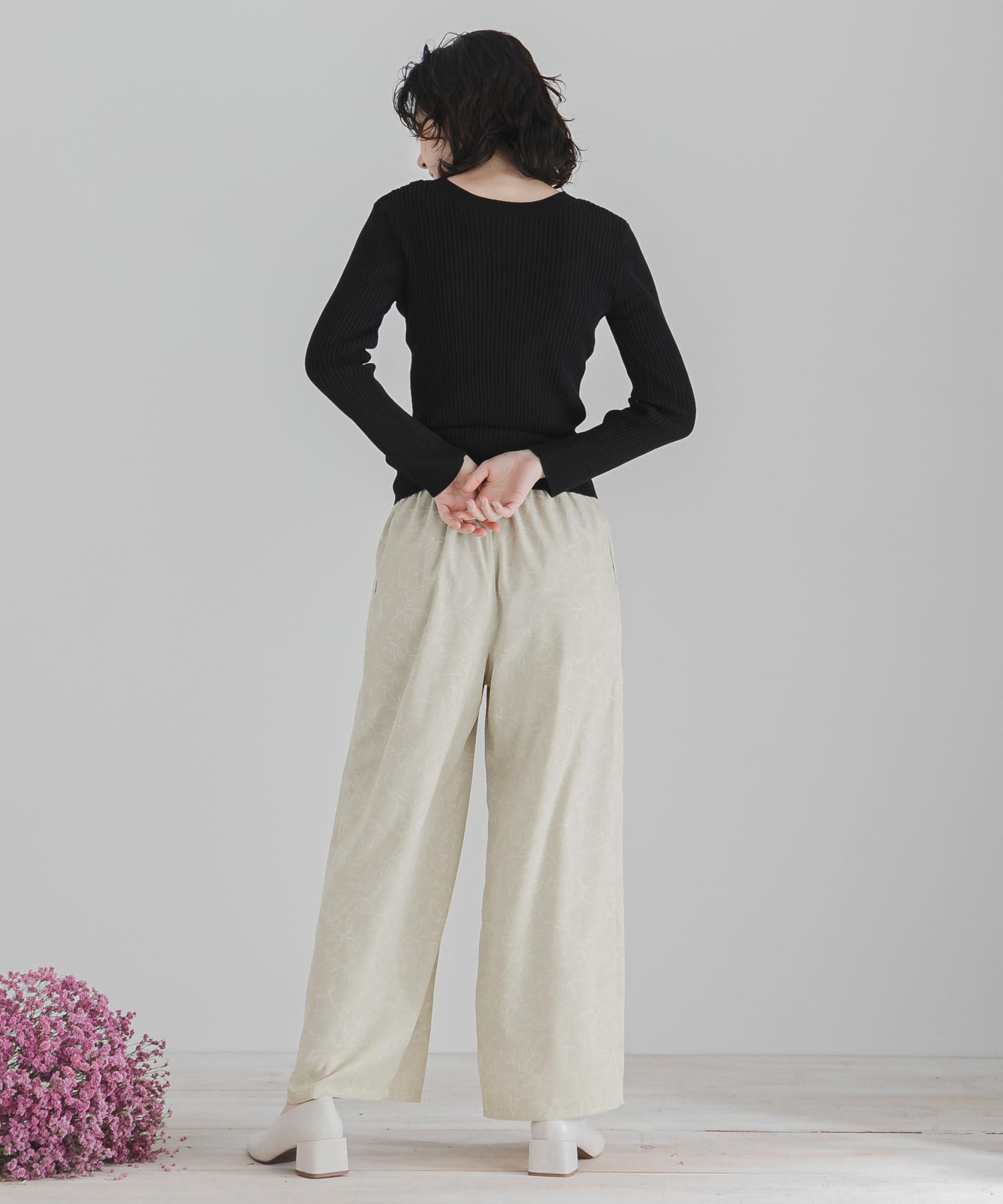 フラワーナローワイドパンツ GREEN S