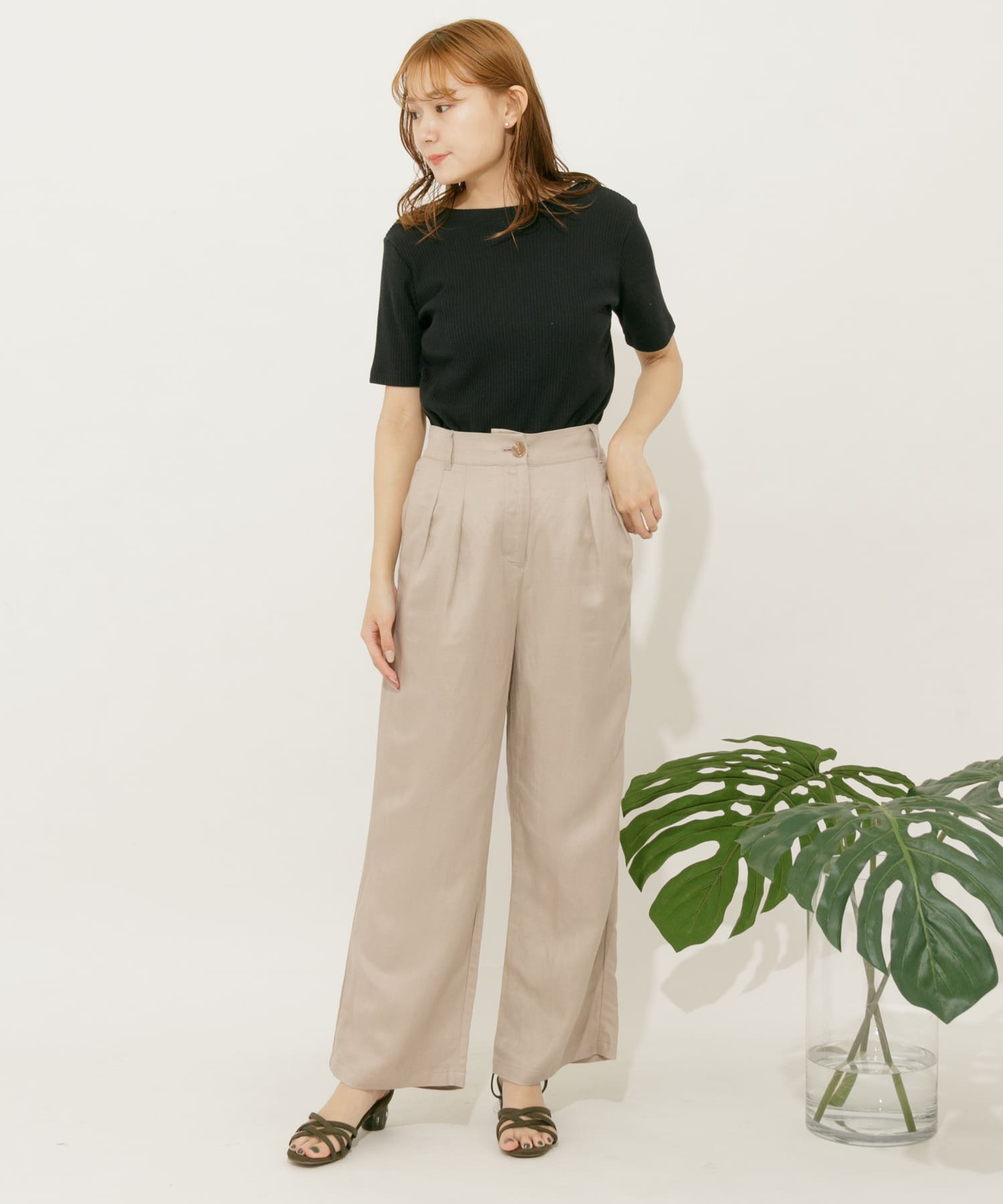 リネンレーヨン ワイドストレートパンツ GREIGE S