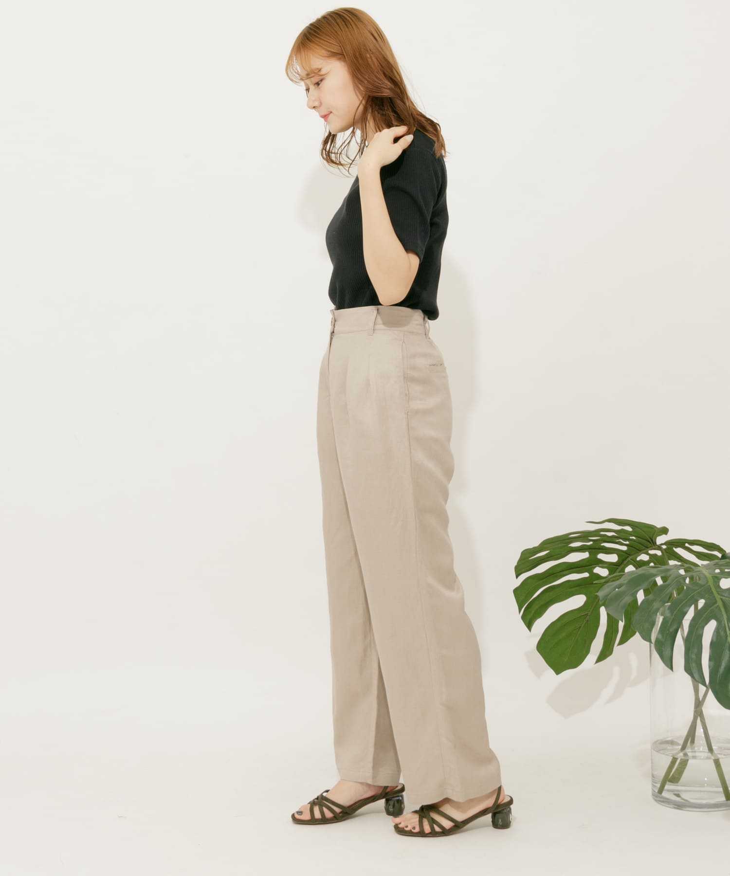 リネンレーヨン ワイドストレートパンツ GREIGE S