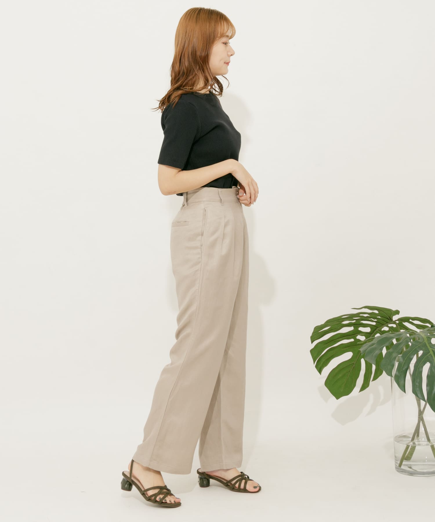 リネンレーヨン ワイドストレートパンツ GREIGE S
