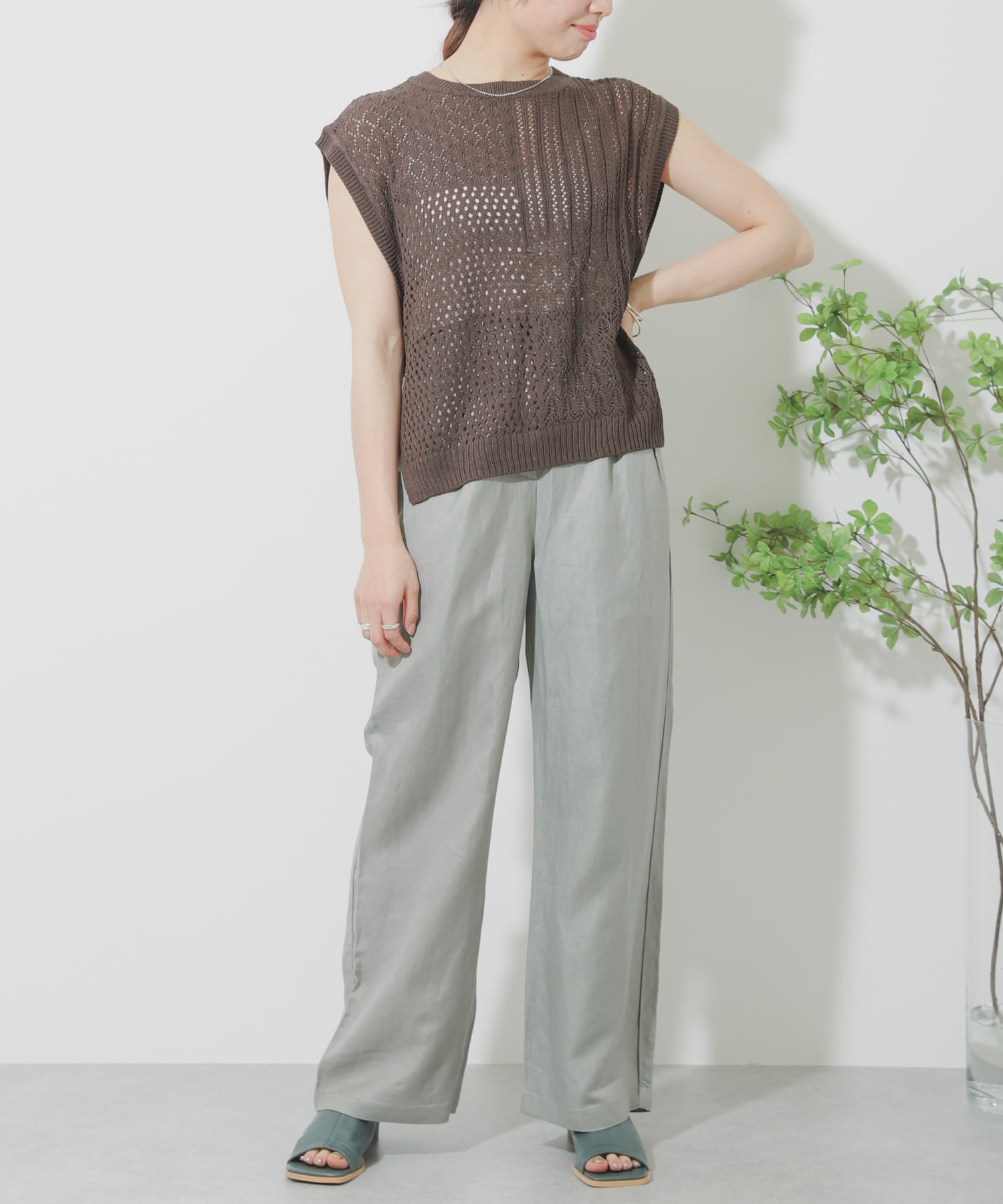 リネンレーヨン ワイドストレートパンツ L.KHAKI S
