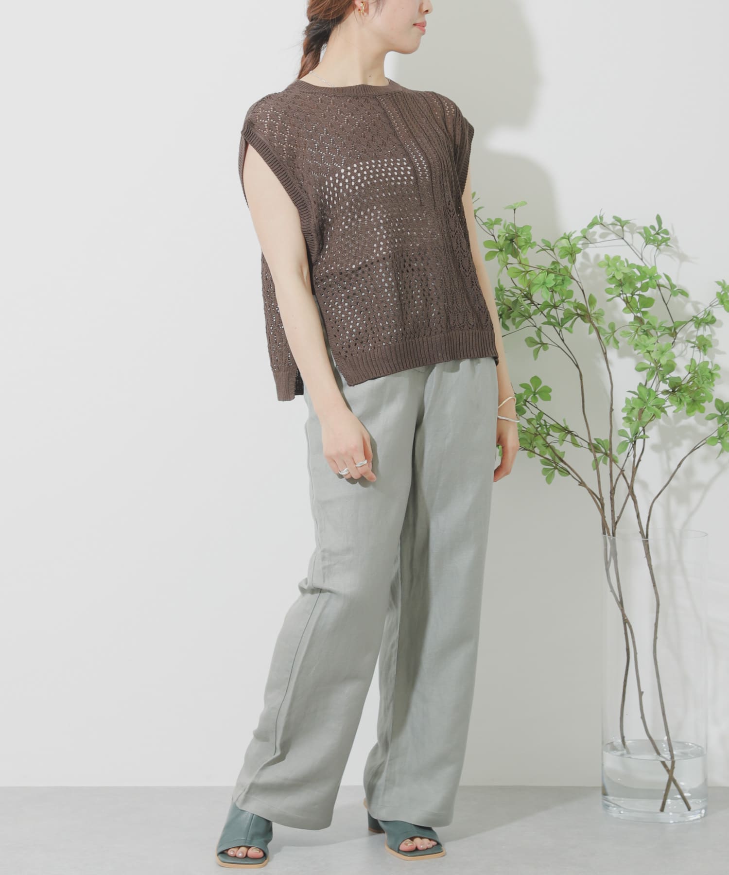 リネンレーヨン ワイドストレートパンツ L.KHAKI S