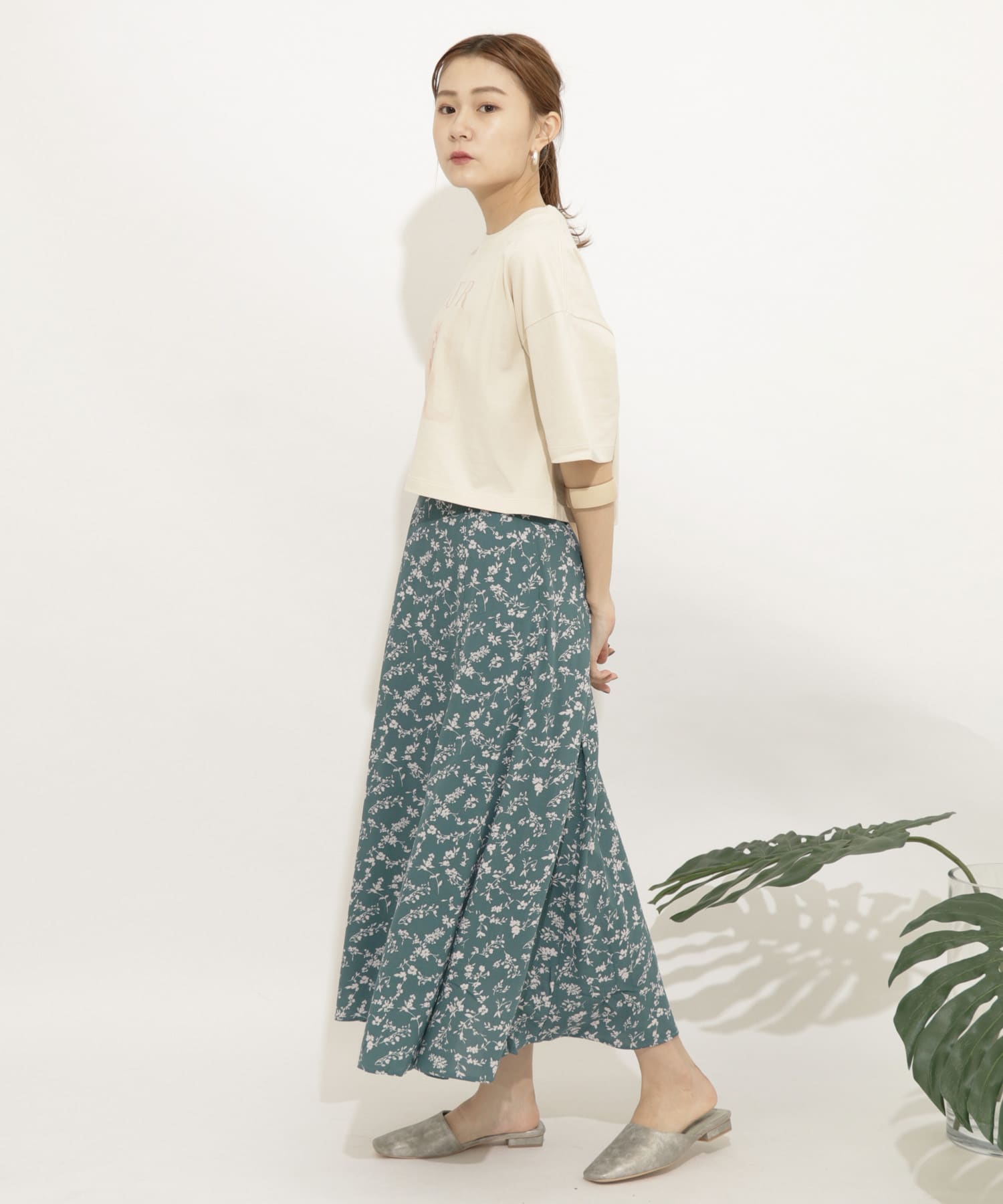フラワープリントフレアスカート GRN×GRE FREE