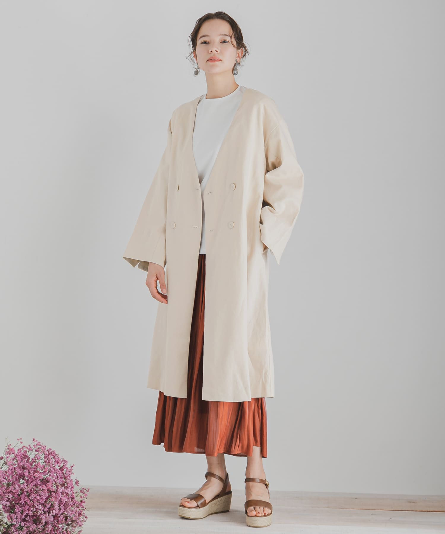 リネンノーカラーコート BEIGE FREE
