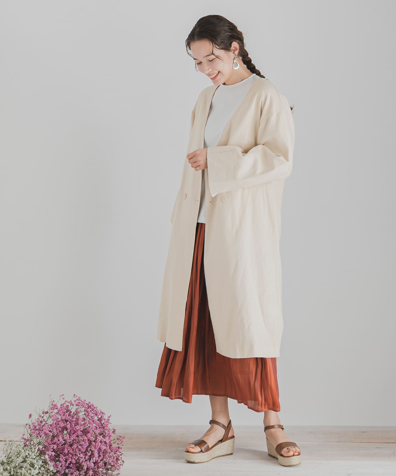 リネンノーカラーコート BEIGE FREE