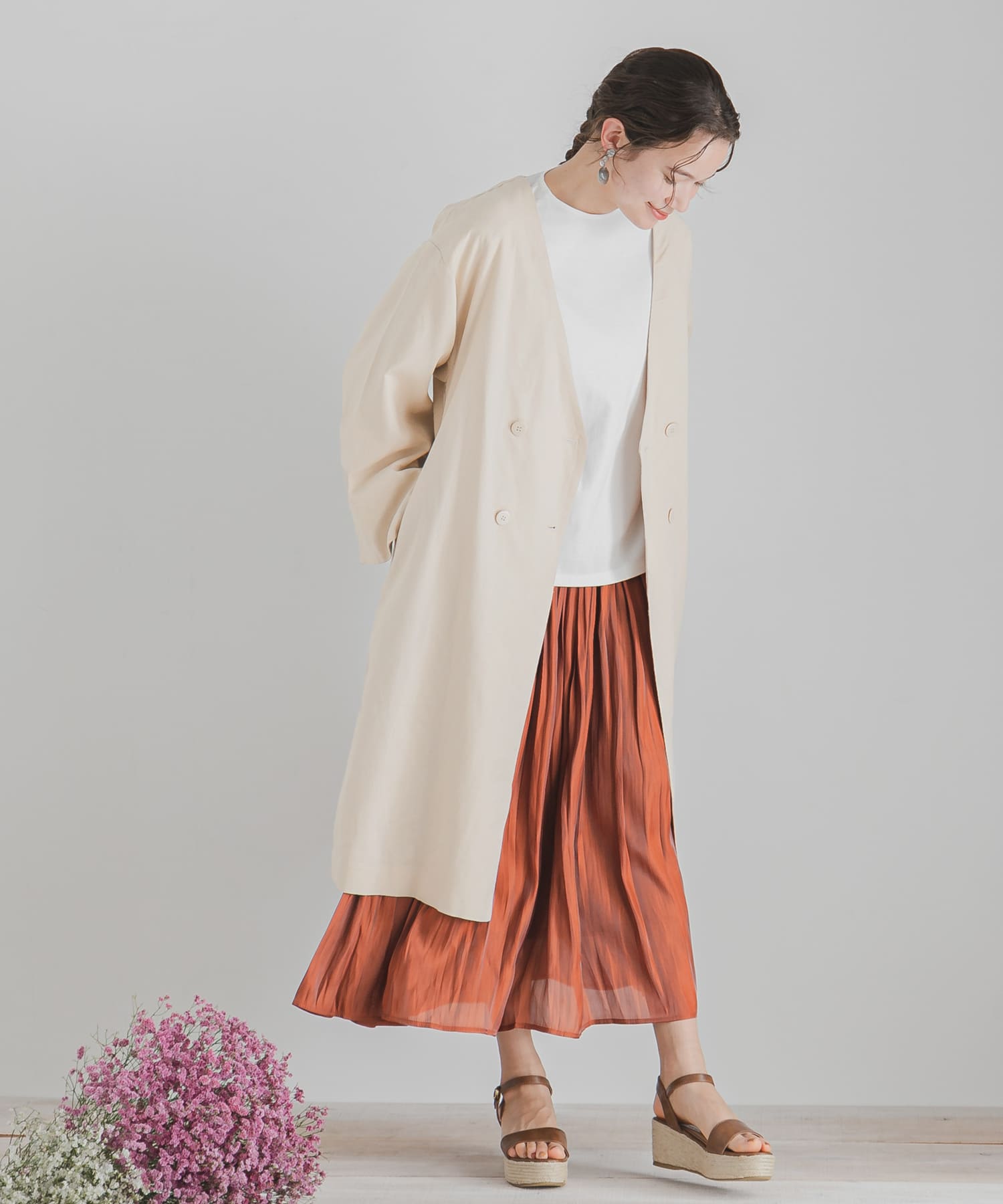 リネンノーカラーコート BEIGE FREE