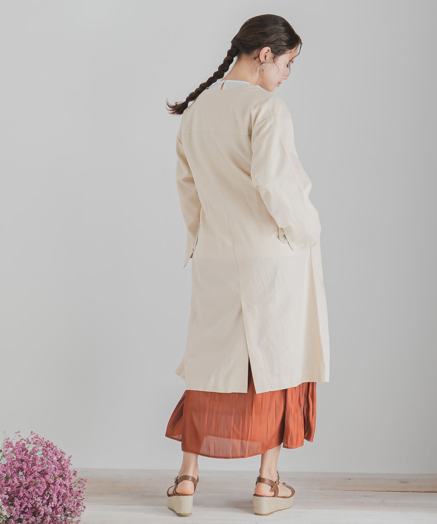 リネンノーカラーコート BEIGE FREE