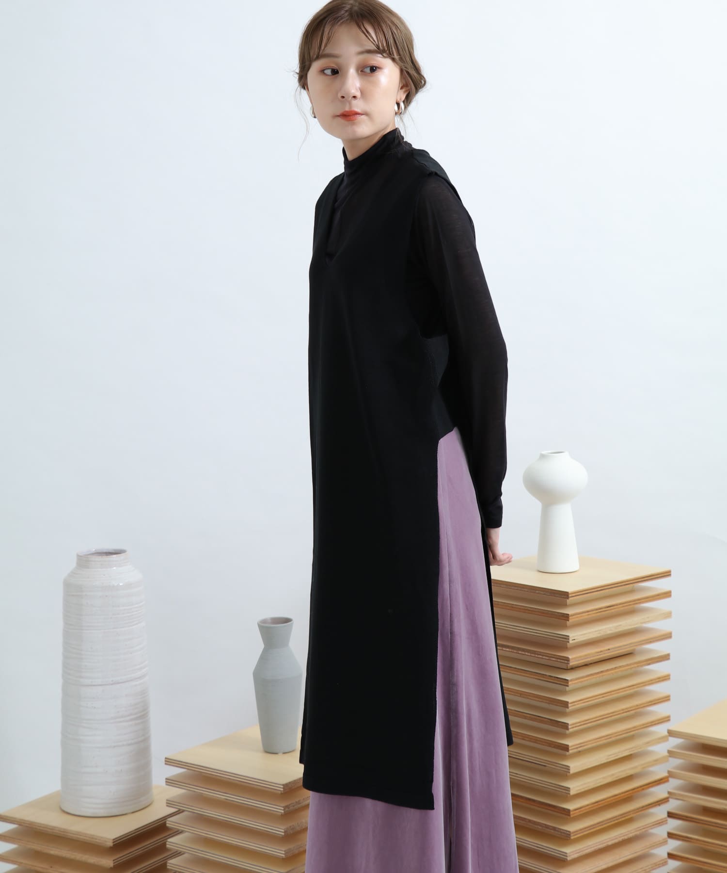 2WAYロングニットベスト BLACK FREE