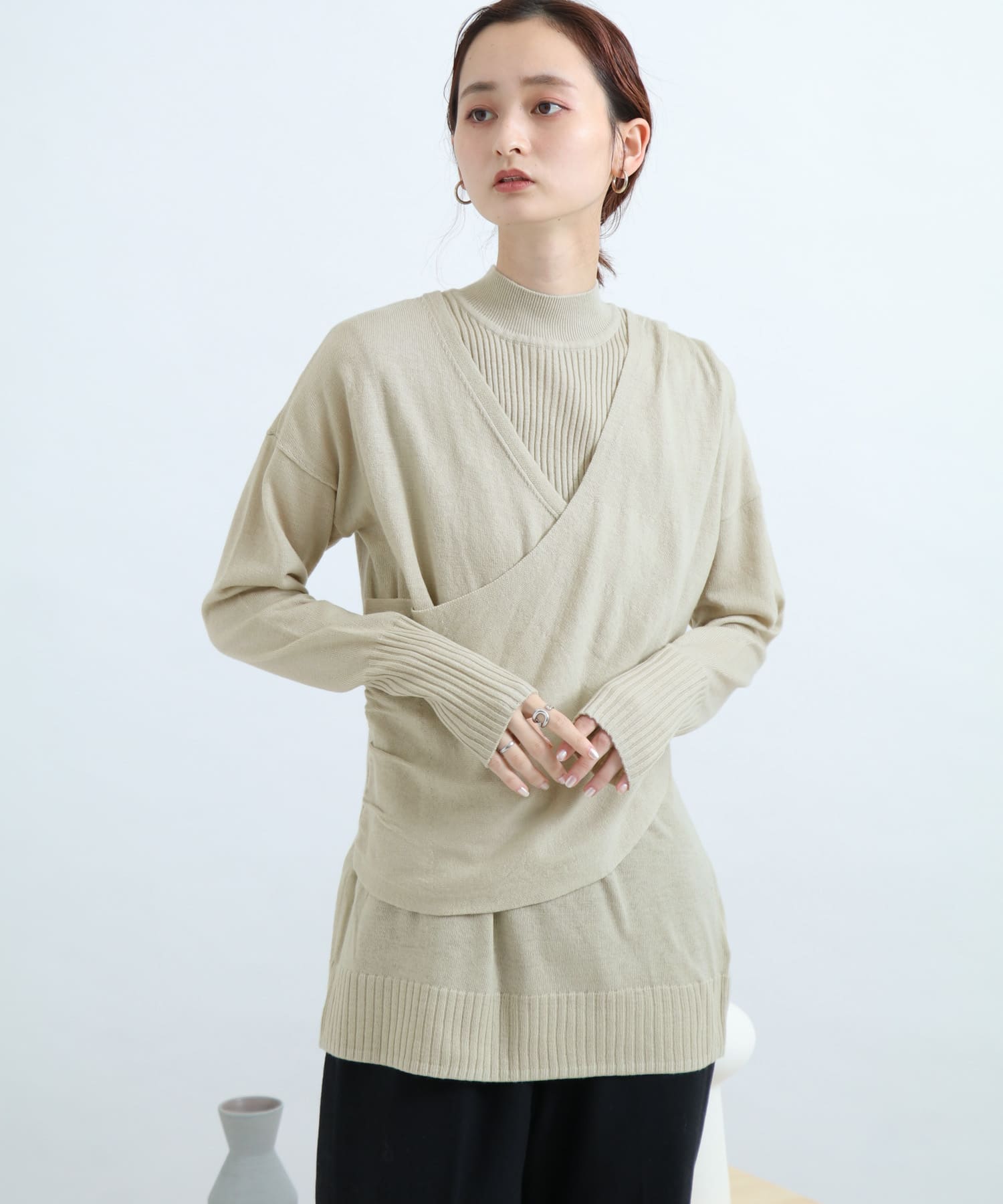リブハイネックカシュクールトップ L.KHAKI FREE