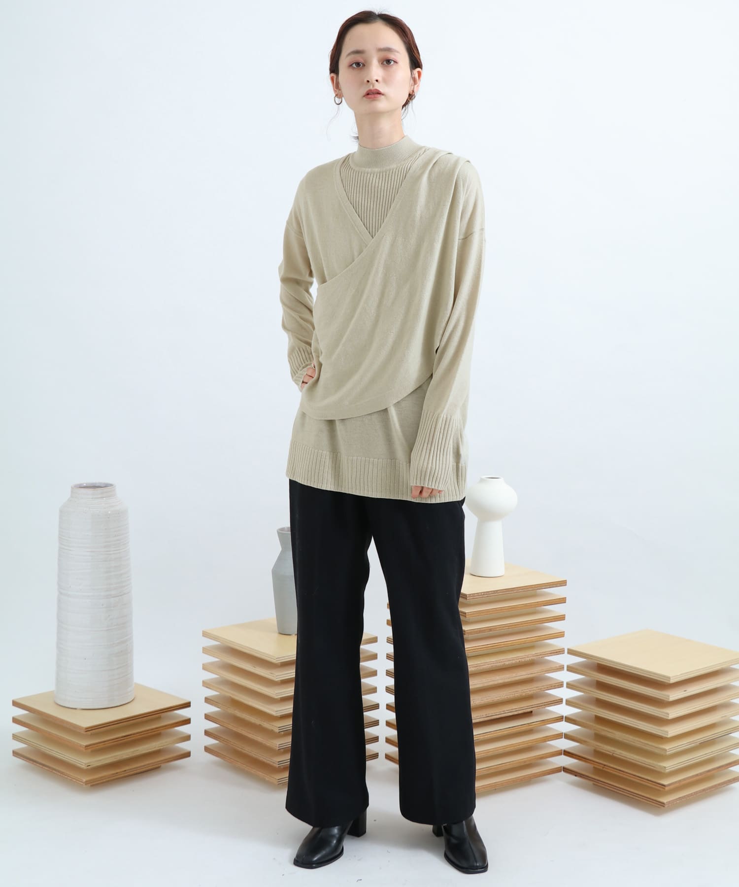 リブハイネックカシュクールトップ L.KHAKI FREE