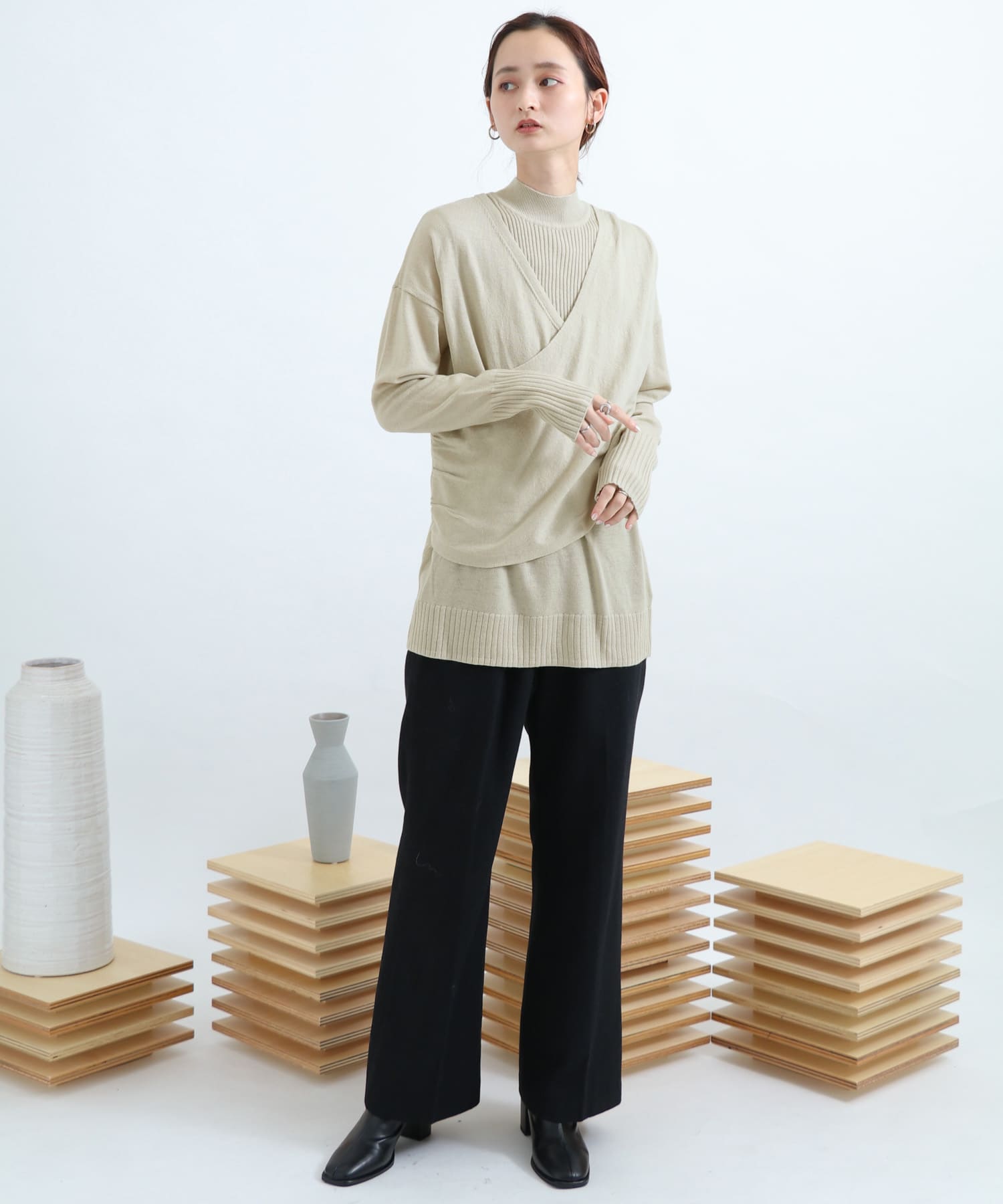リブハイネックカシュクールトップ L.KHAKI FREE