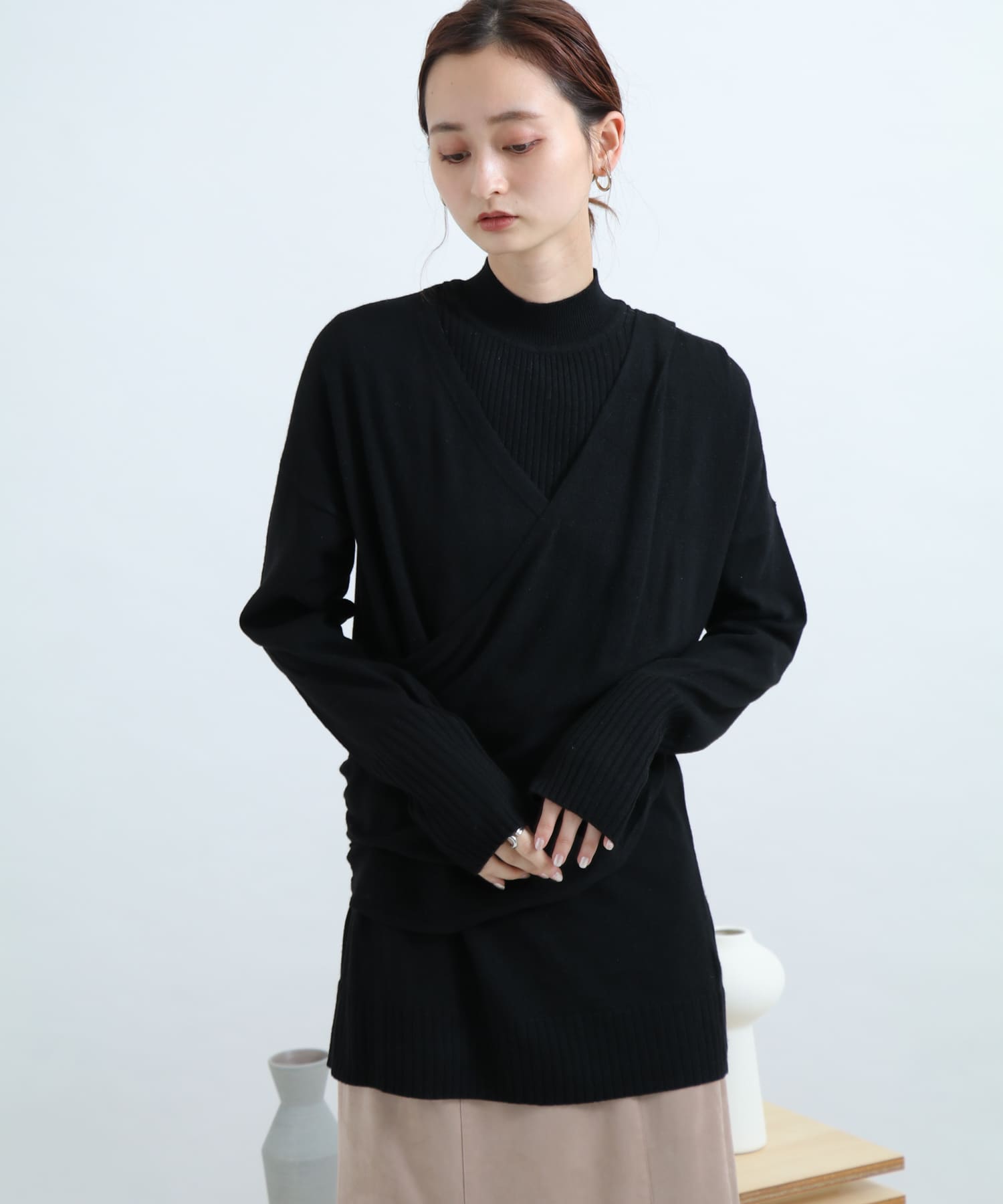 リブハイネックカシュクールトップ BLACK FREE