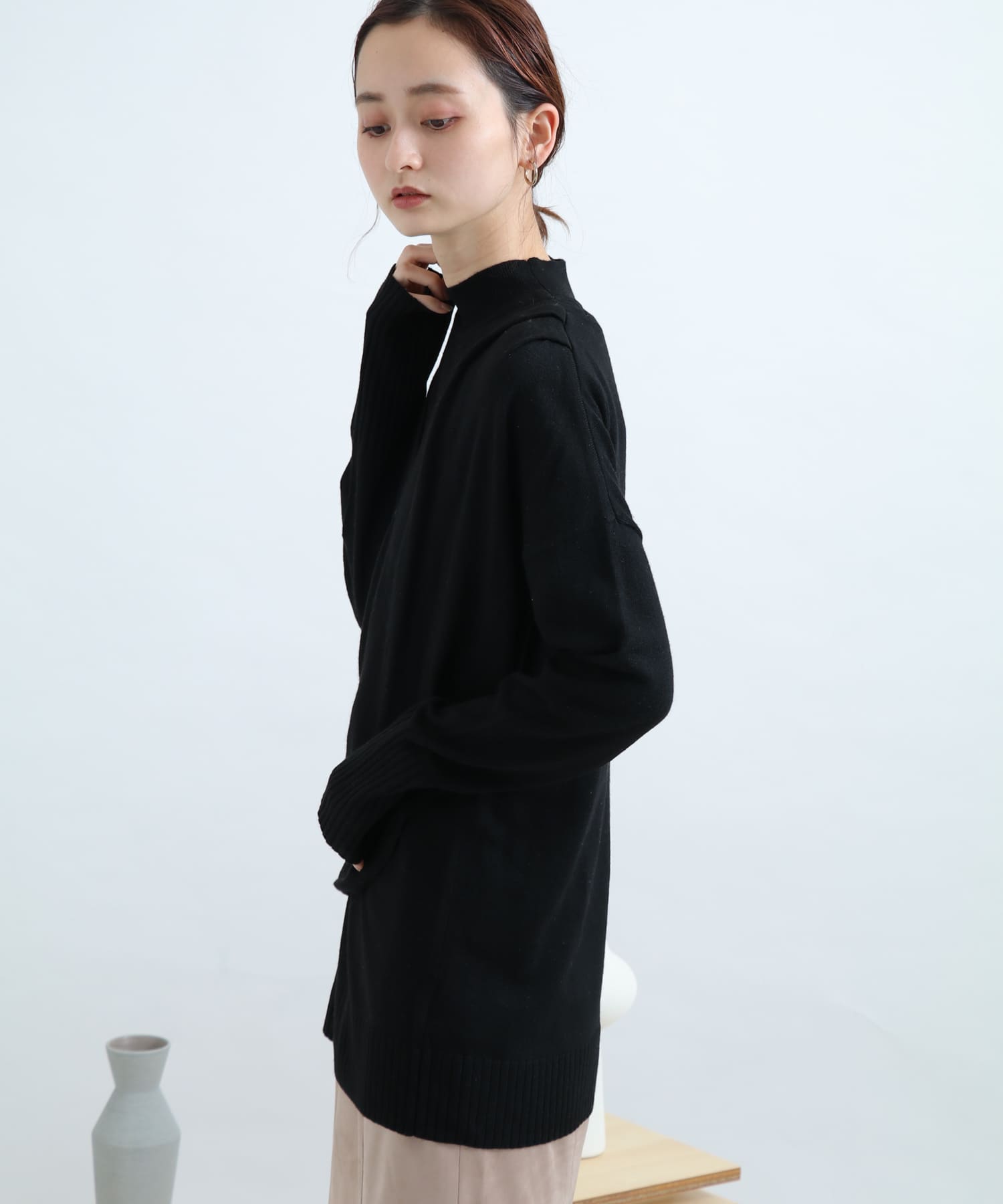 リブハイネックカシュクールトップ BLACK FREE